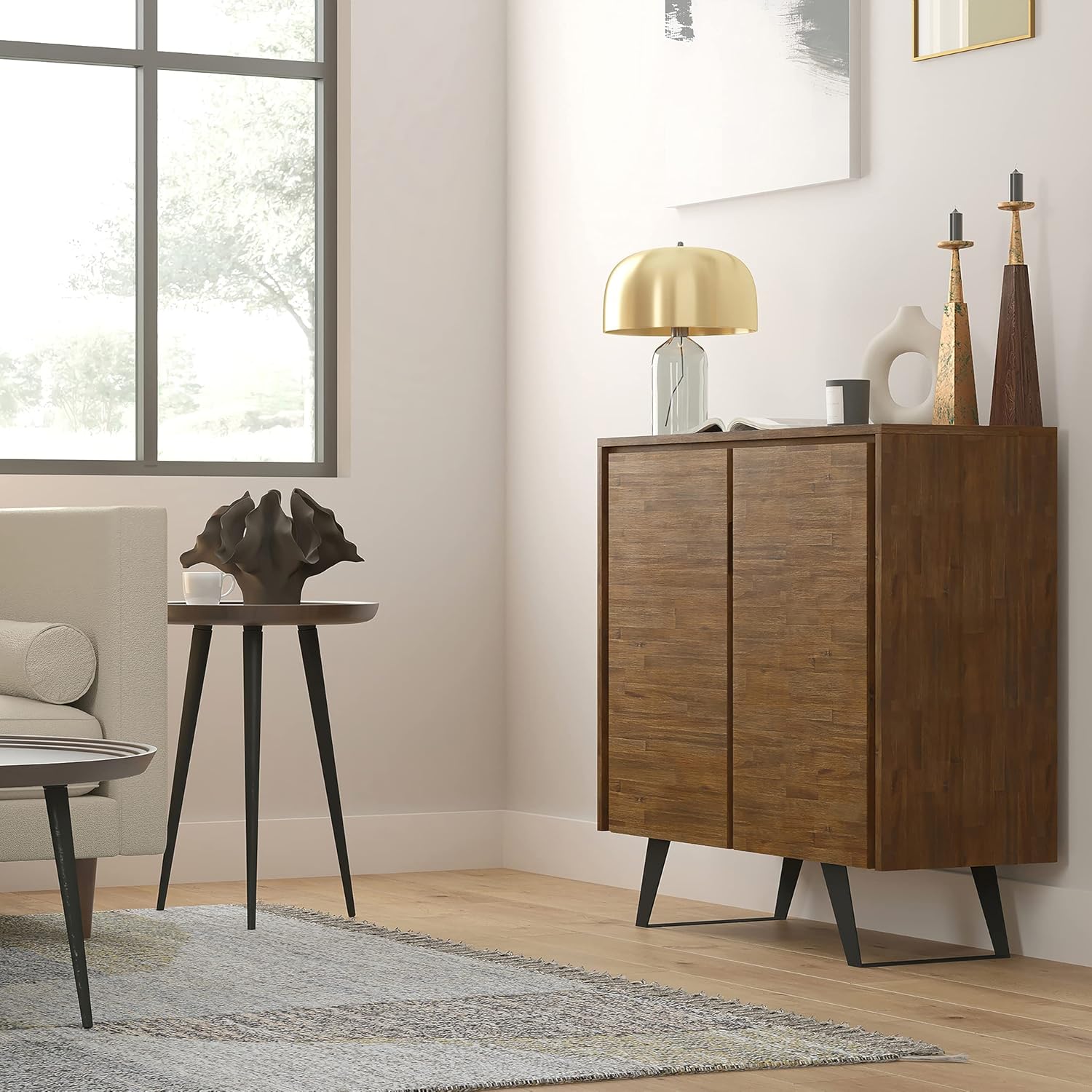 SIMPLIHOME Lowry Storage Cabinet - 39 inch Wide Solid Acacia Wood and Metal 4-Shelf Medium Storage Cabinet in Rustic Natural Aged Brown