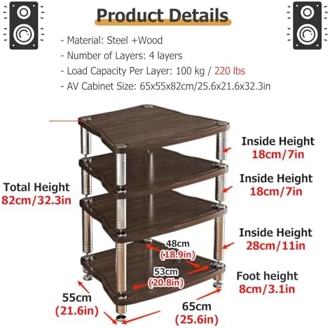 UYCVT Heavy Duty Audio Component Rack - 4 Layer Media Stand for Record Player Stereo Receiver Xbox One Ps4 & Tv - Durable Av Display Shelf for Home Theater & Entertainment Cent