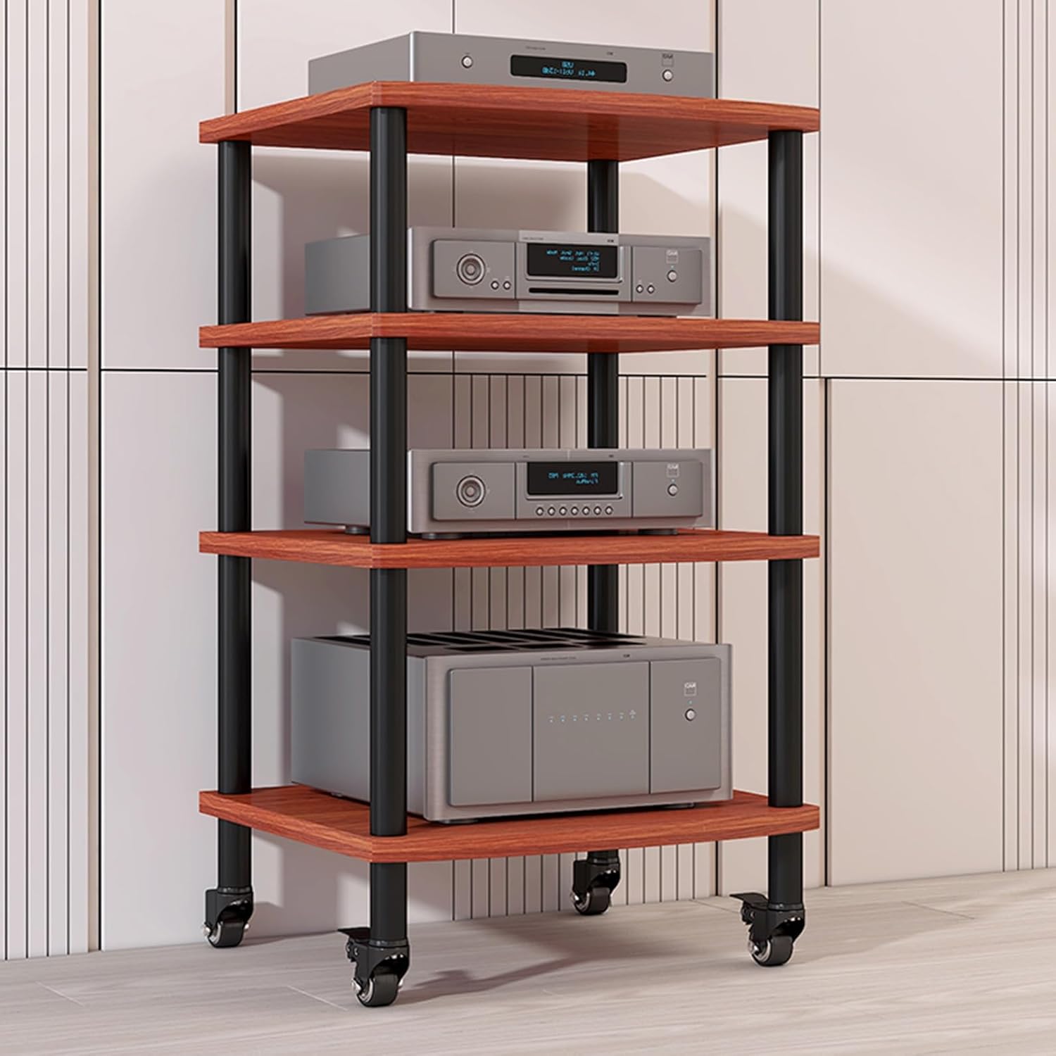 Tall Heavy Duty Audio-Video Media Stand Modern Audio-Video Media Stand with Universal Wheels Audio Rack Stand Tower Floor-Standing Audio Rack for Living Gaming Recording Room Office.(Walnut