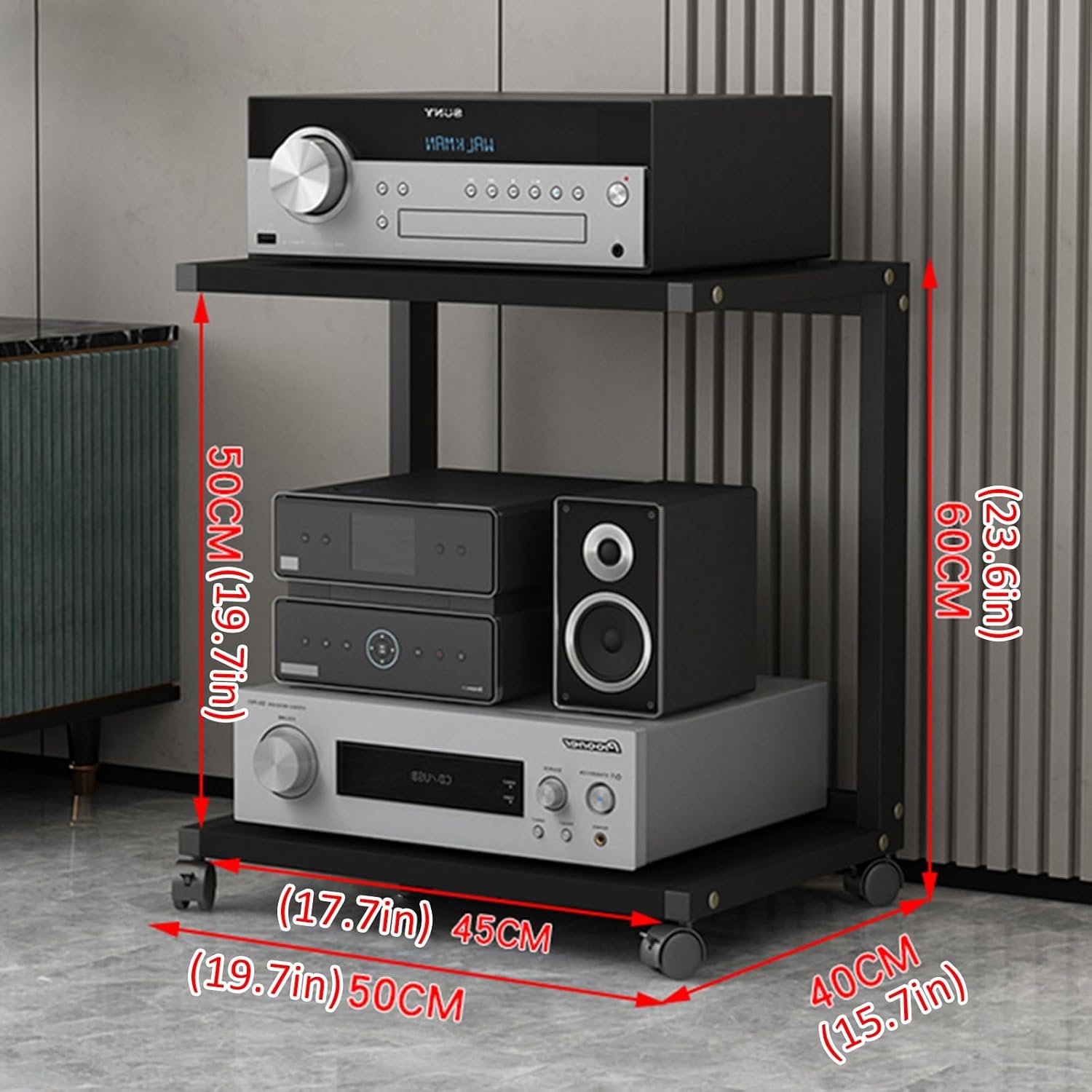 Stereo Stand Modern with Wheels Audio-Video Media Stand Design AV Media Stand Audio Rack Tower for Record Player Wooden Stereo Cabinet Audio Rack Tower for Living Gaming Recording Room(Deep black