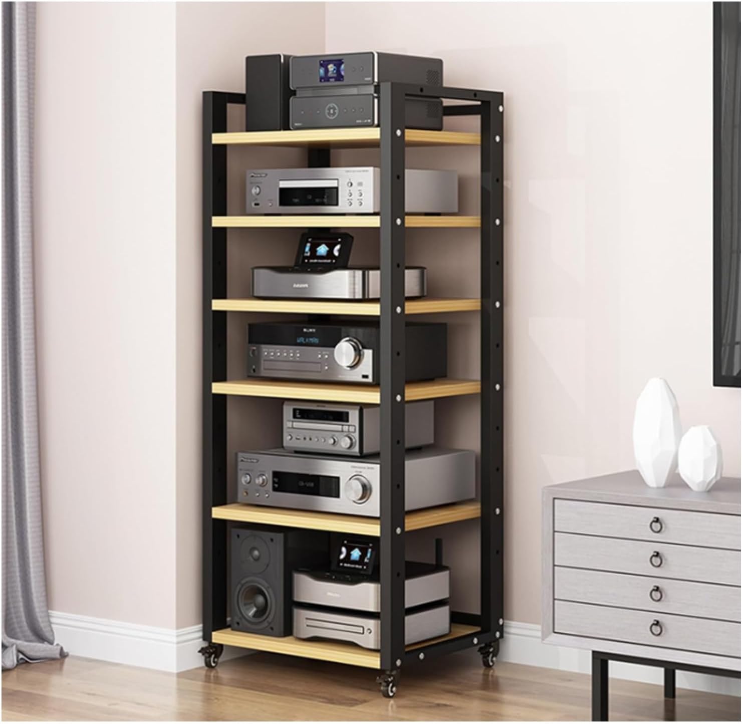 Modern AV Media Stand with Adjustable Shelves - Floor-Standing Audio Rack & TV Stand for Home - Multi-Function Open Storage Shelf for Stereo Components & Media Storage (Light Wood)