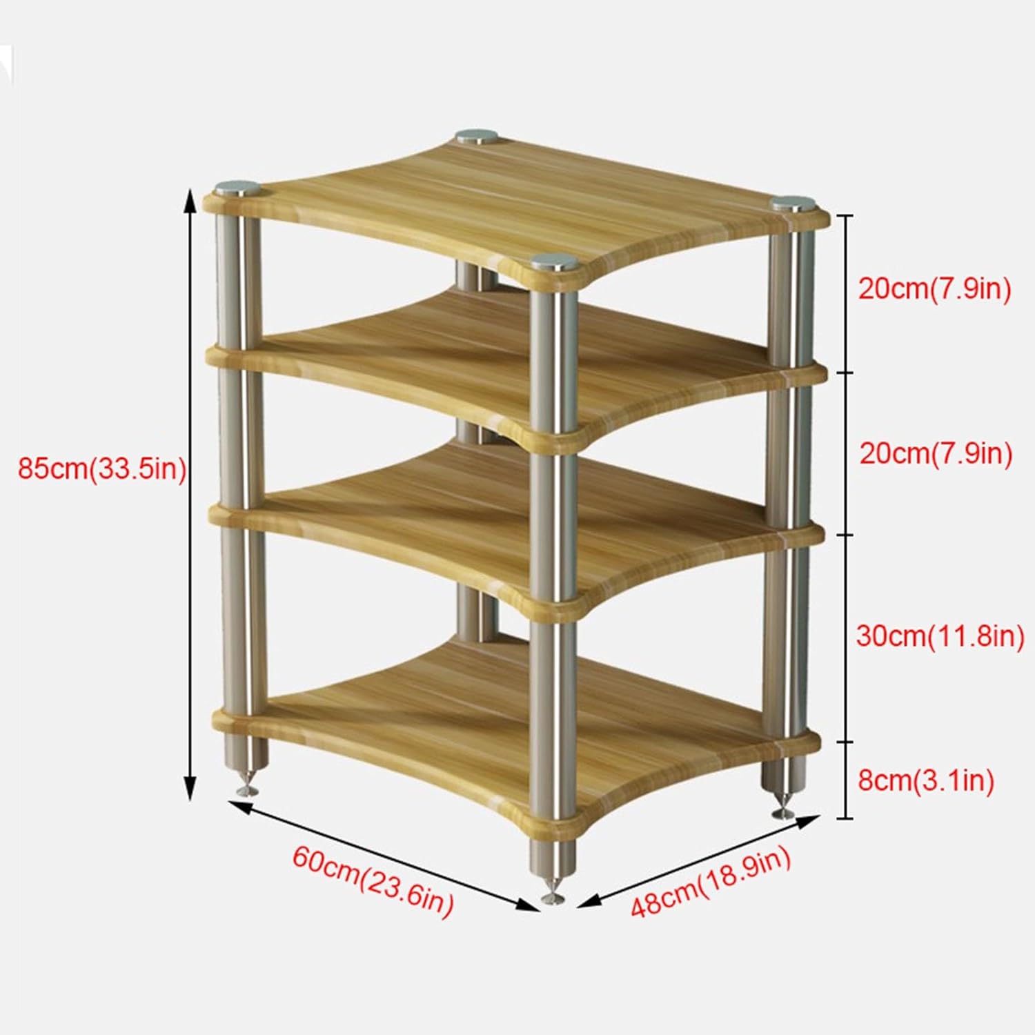 4-Tier Floor-Standing AV Media Stand Record Player Stand Entertainment Center Stereo Components Cabinet Audio Tower with Wooden Shelf for Home/Office/Theater