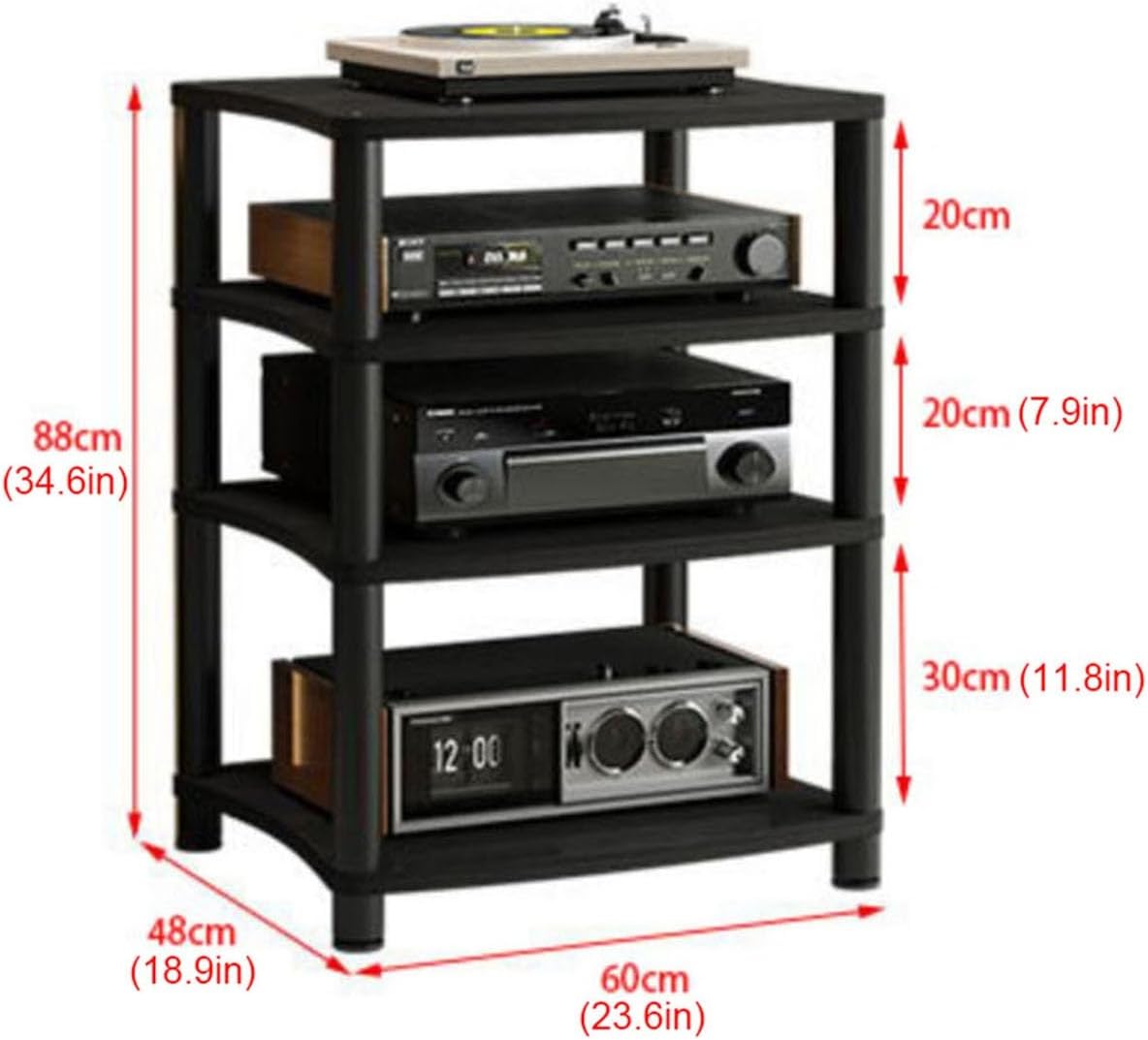 Media Stand 4-Tier Audio Rack TowerFloor-Standing AV Media Stand Corner Shelf Record Player Stand Stereo Component Cabinet with Wooden Shelves for Home/Office/Theater