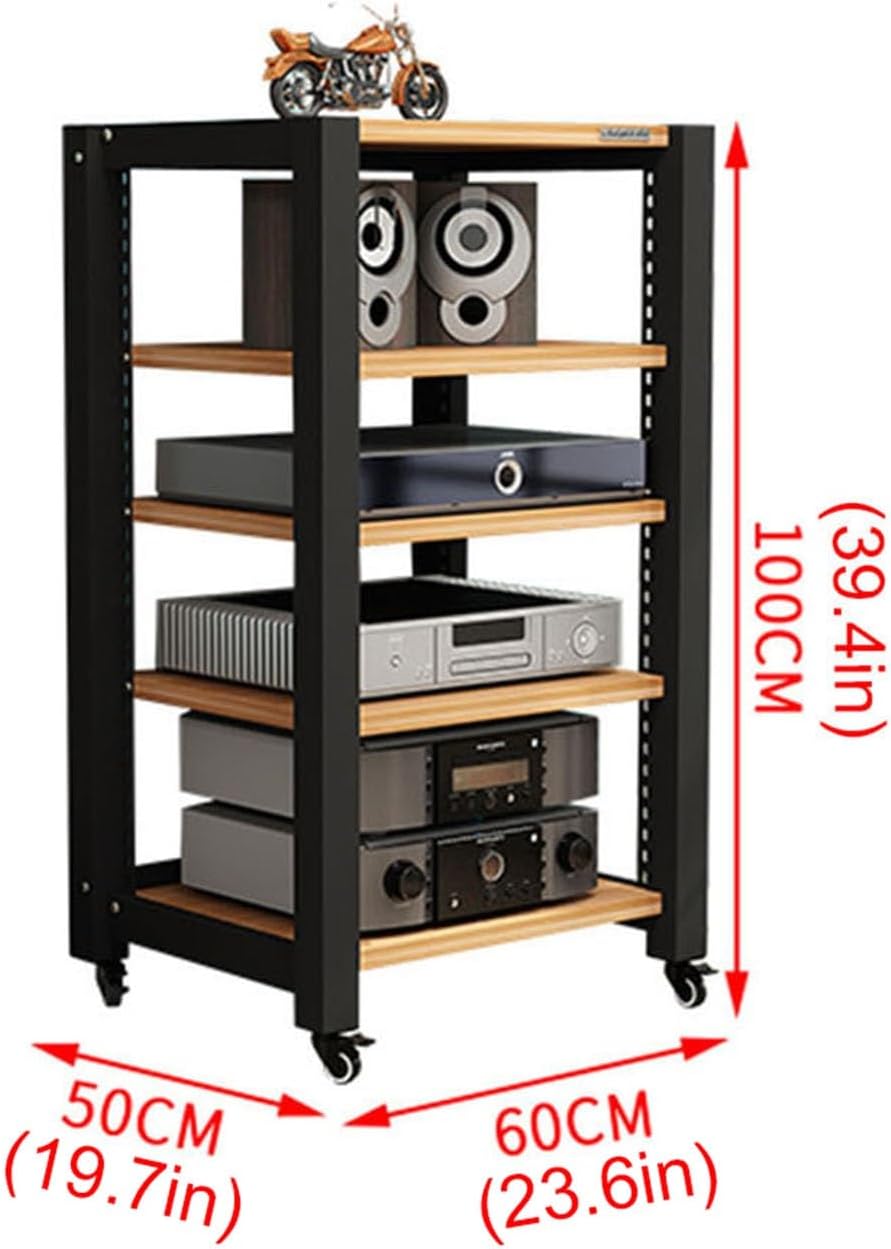 Media Stand 5-Tier Movable AV Media Stand Hi-Fi Rack Stereo Component Cabinet CD Player Stand Audio Tower with Height Adjustable Wooden Shelf for Home/Office/Theater