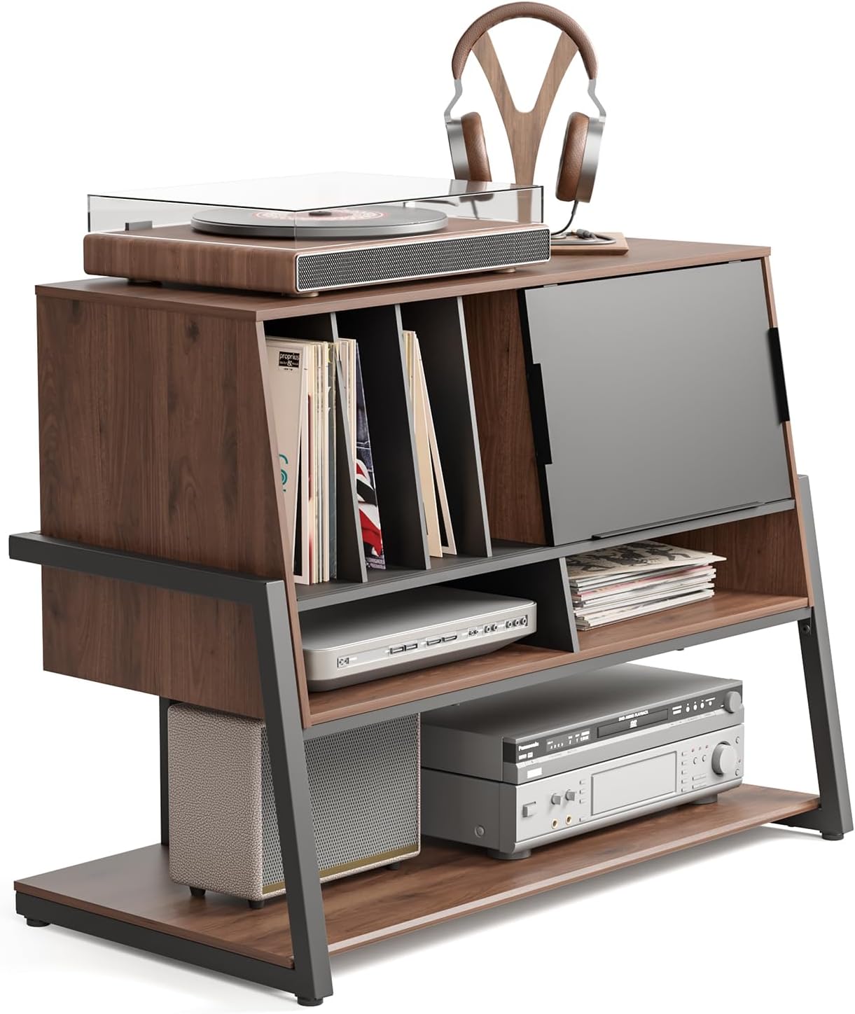 FITUEYES Design Record Player Stand Entertainment Center up to 120 pcs