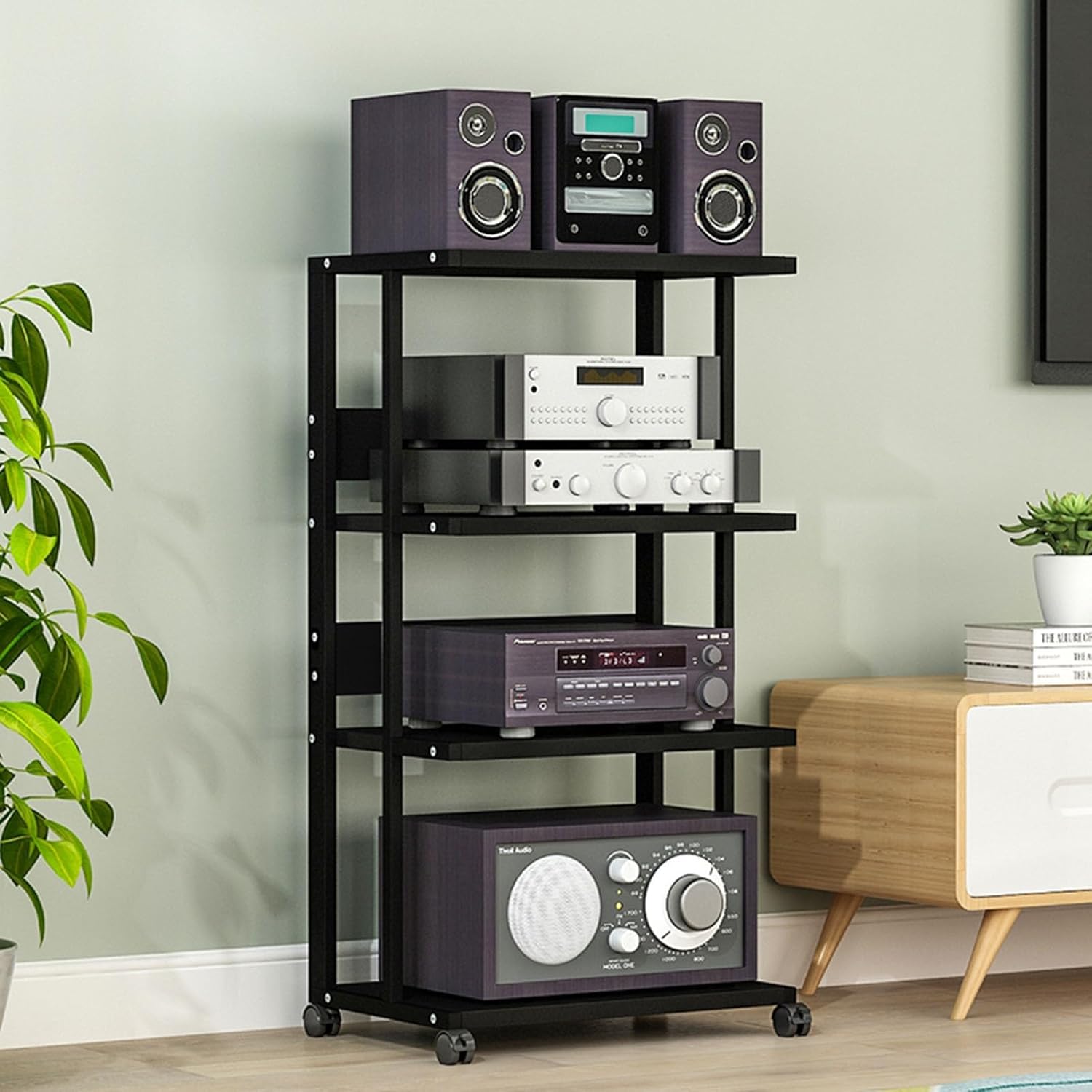 Audio-Video Media Stand with 4-Tier Wooden Shelves