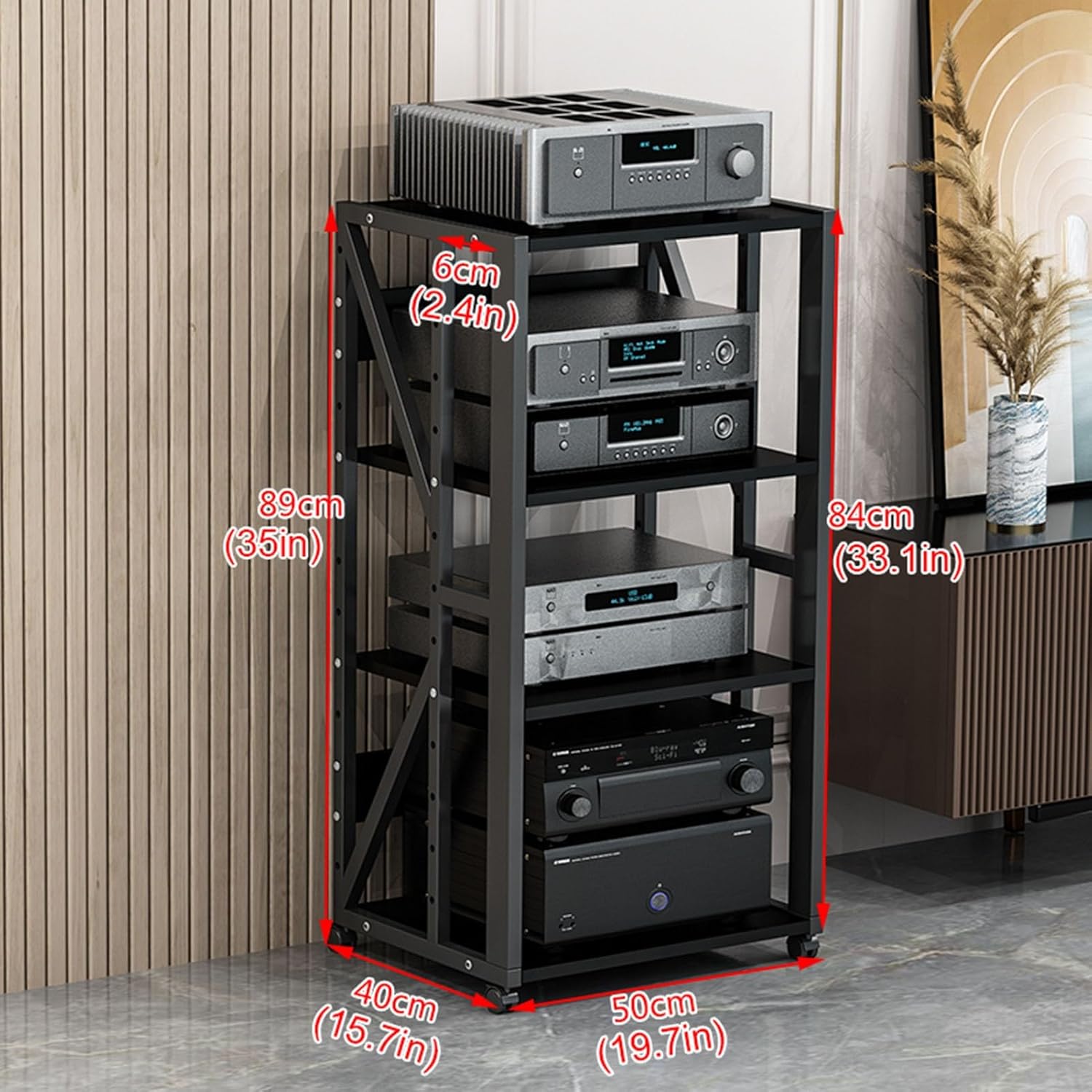 3/4/5 Tier Audio Rack CD Media Player Stand Audio/Video Component Cabinet Floor-Standing Movable Storage Shelf with Pulleys