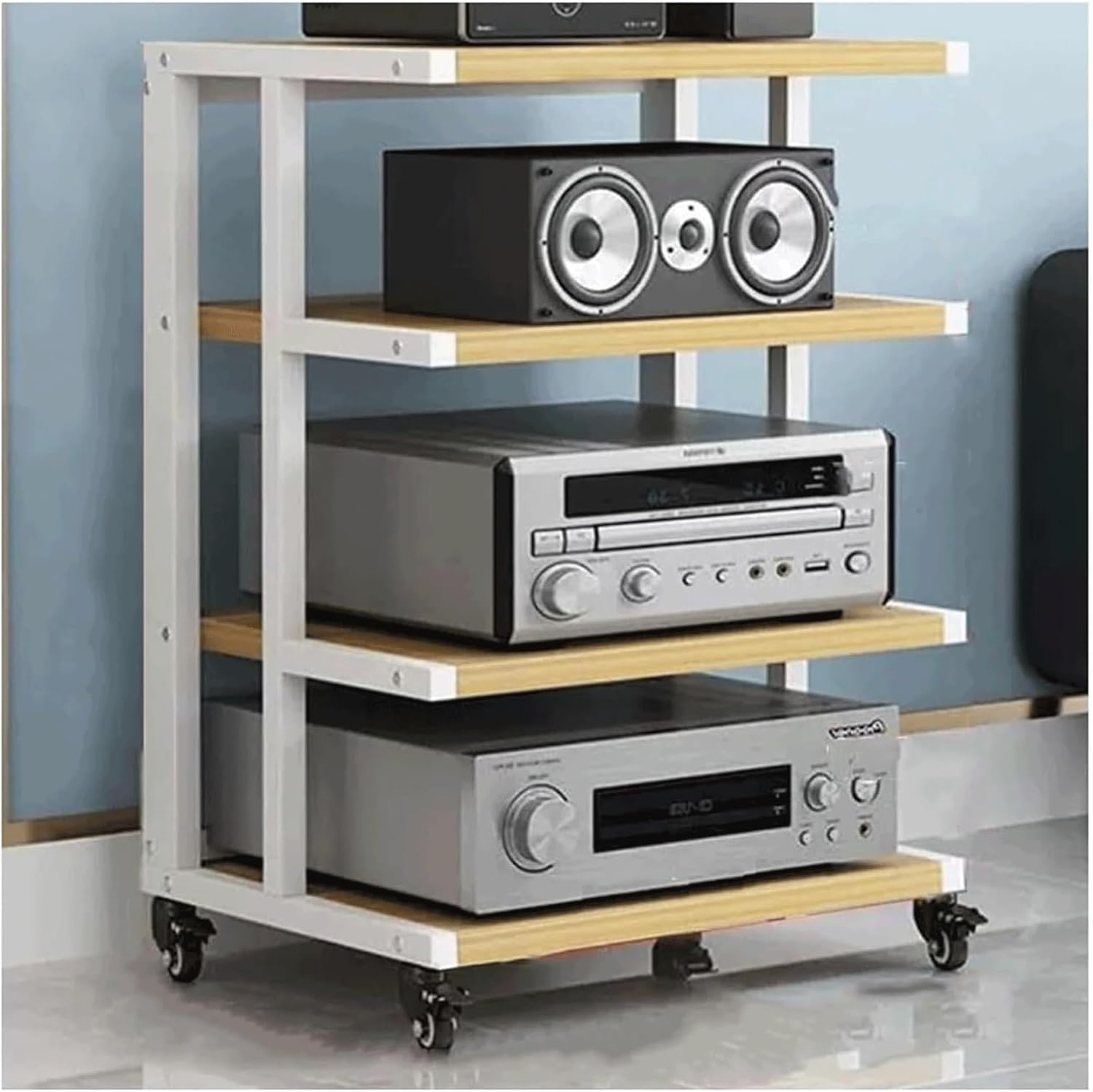 PZEOB Audio Rack Cabinet AV Media Stand Rack Wooden Open Stereo Component Cabinet with Wheels Stereo Stands Movable Rack Audio Tower(Natural