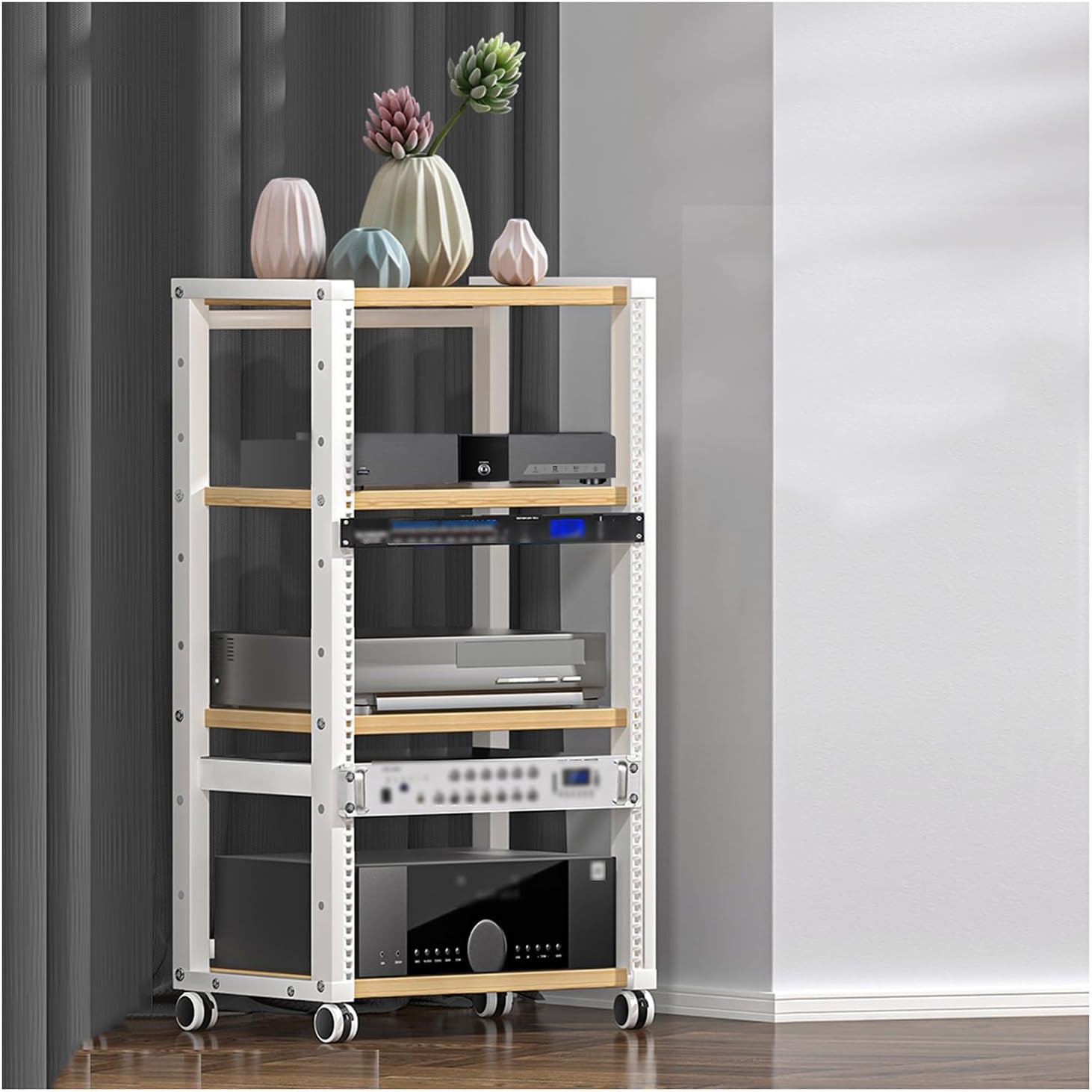 YLQFGUVWK 4 Removable Media Stand Audio/Video Stand CD Player Stand Stereo Component Storage Cabinet with Height Adjustable Wooden Shelves for Home/Office/Theater
