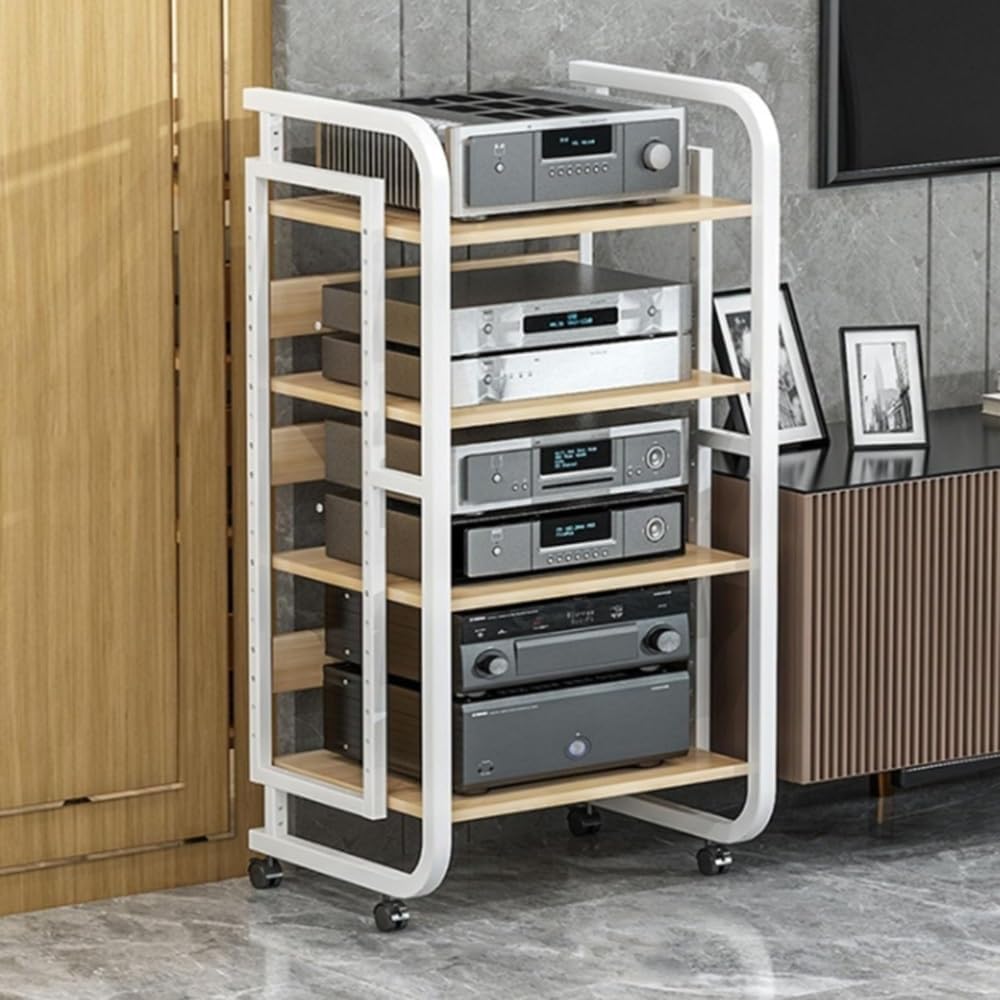 NILZA 2/3/4-Tier Audio Rack Open AV Media Stand CD Player Shelf Stereo Component Storage Cabinet Movable Audio Stand Tower For Living Room Corner Record Player Console CD Receiver(White