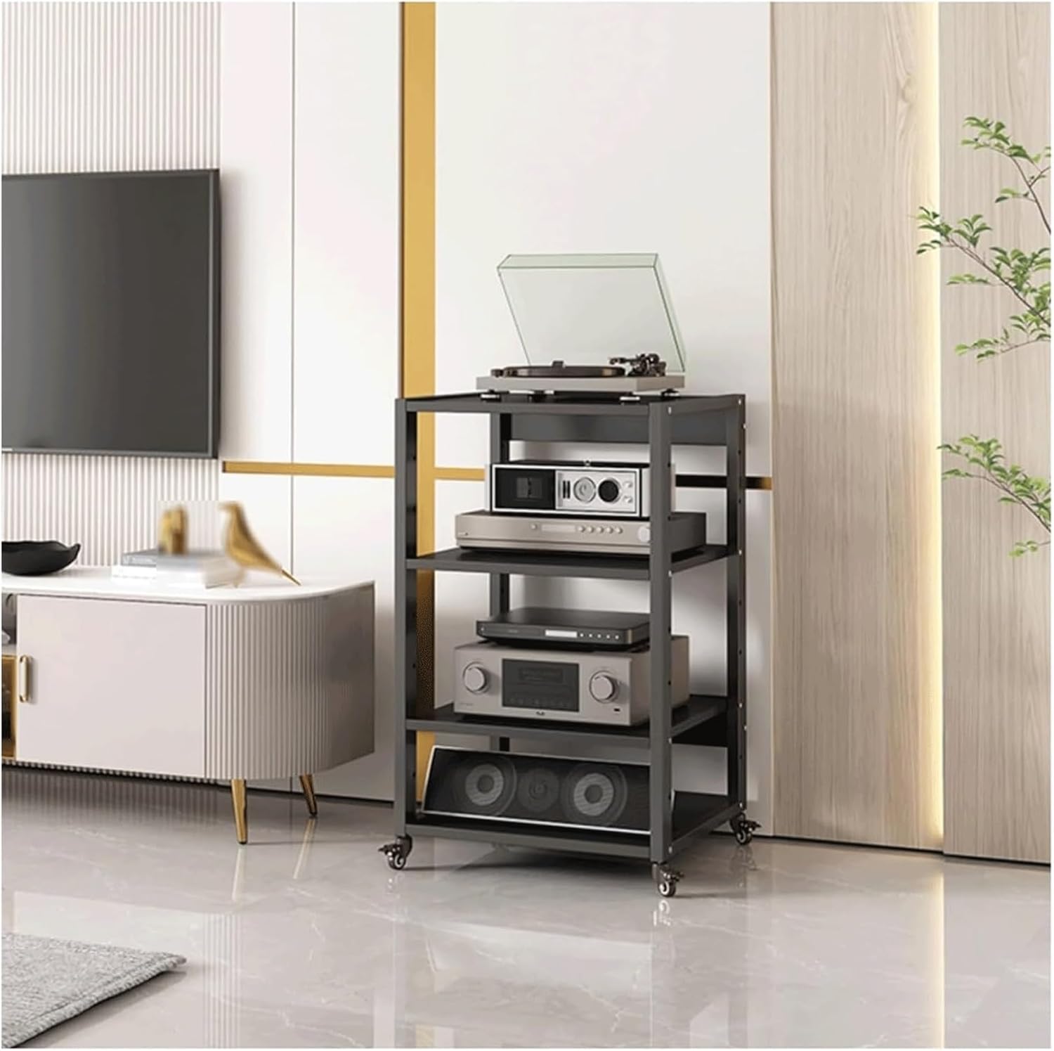PZEOB Modern Stereo Stands AV Media Stand with Wheels Adjustable Audio Rack Stand Audio-Video Shelving for Home Office Audio Rack Cabinet(4 Tier(90cm))