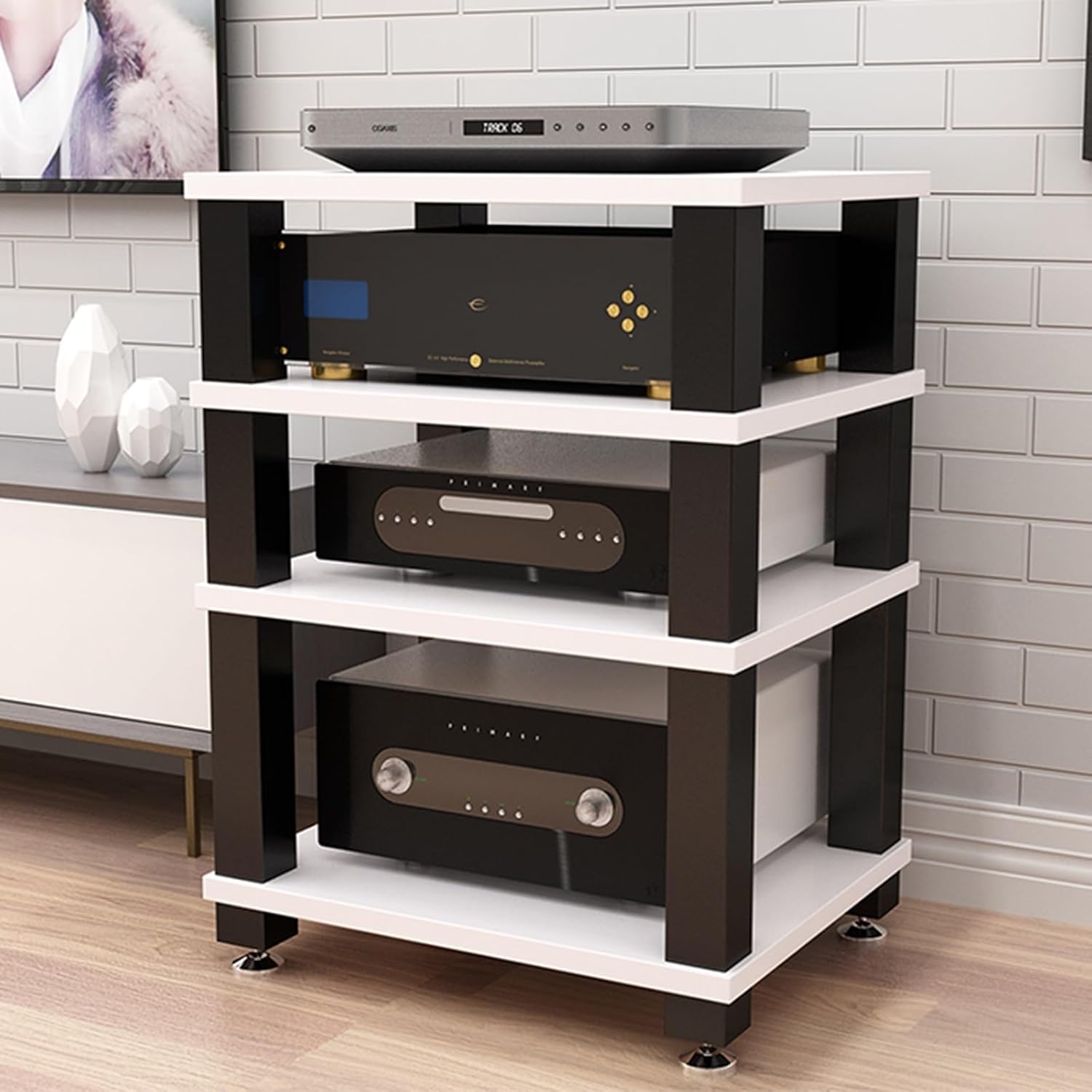 UYCVT 4-Tier Heavy Duty Av Media Stand Corner Shelf Audio Component Rack for Home Office Display Record Player & Stereo Receiver Ideal for Dj & Theater Setup-White-60x48x78.5cm