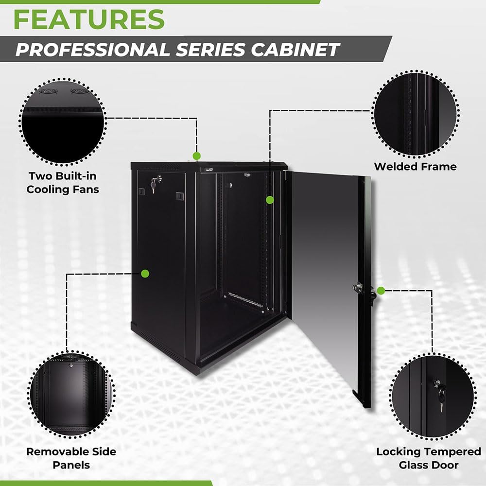 Navepoint 15U Deluxe IT Wallmount Cabinet Enclosure 19-Inch Server Network Rack with Locking Glass Door 16-Inches Deep Black