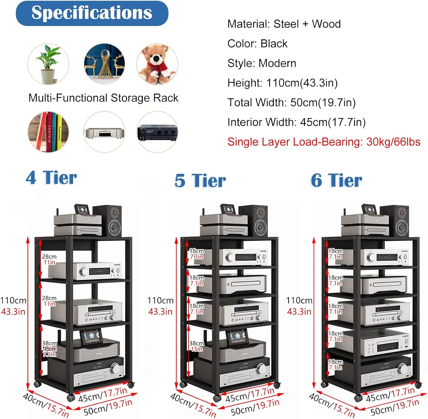 RENLXFI Audio Rack Av Tower Media Stand 5 6 7 Tier Electronics Equipment Shelf
