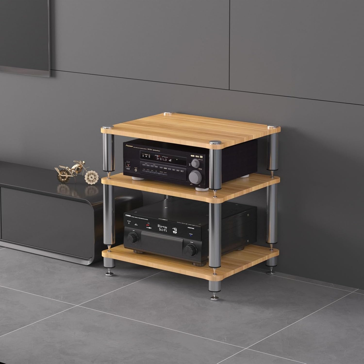 Audio Rack Portable Media Storage Rack Rack Audio Tower with Shelves AV Media Stand Corner Shelf DVD Display Cabinet High Amplifier Rack Shelf/Audio-video Shelving for Living Room.(Wood color