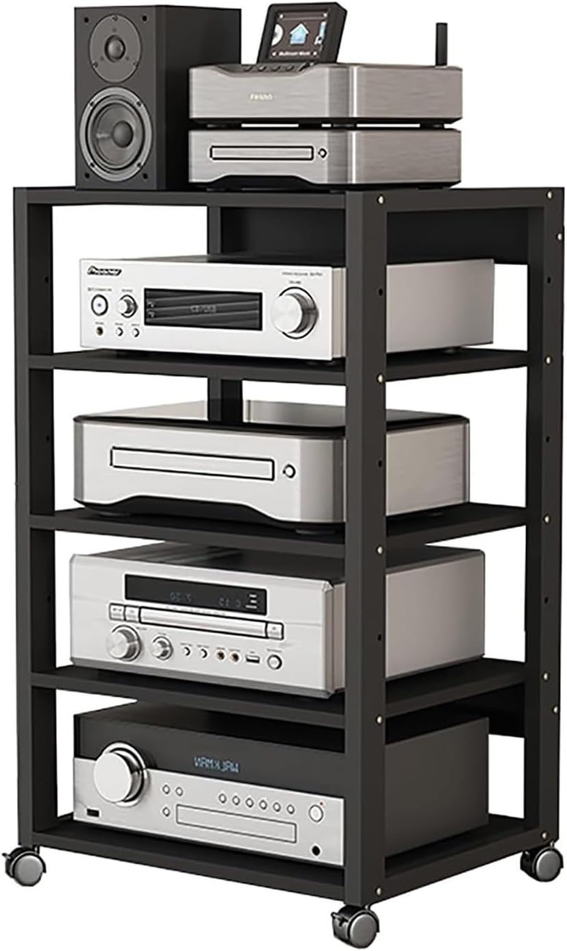 3/4/5-Tier Audio-Video Component Cabinet Media Stand Corner Shelf for Record Player Stereo Cabinet Audio Rack Tower with Height Adjustable Wooden Shelves for Home