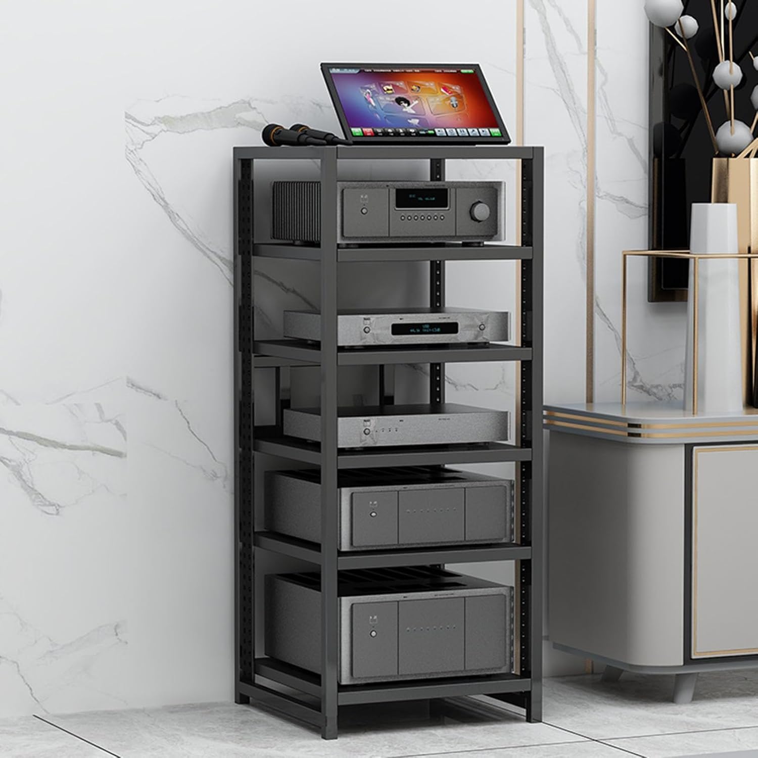 WUHUQN Media Stand Movable Media Stand AV Media Stand Corner Shelf for Record Player Stereo Cabinet Audio Rack Tower Component Cabinet A