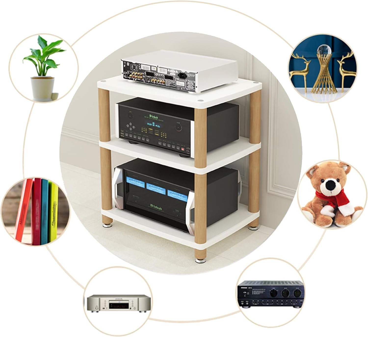 OVOGGPAN Open Stereo Stand AV Media Cabinet Stand Audio-Video Shelving Stereo Component Storage Cabinet for Living Room/Bedroom/Farmhouse Standing(Pomelo Wood