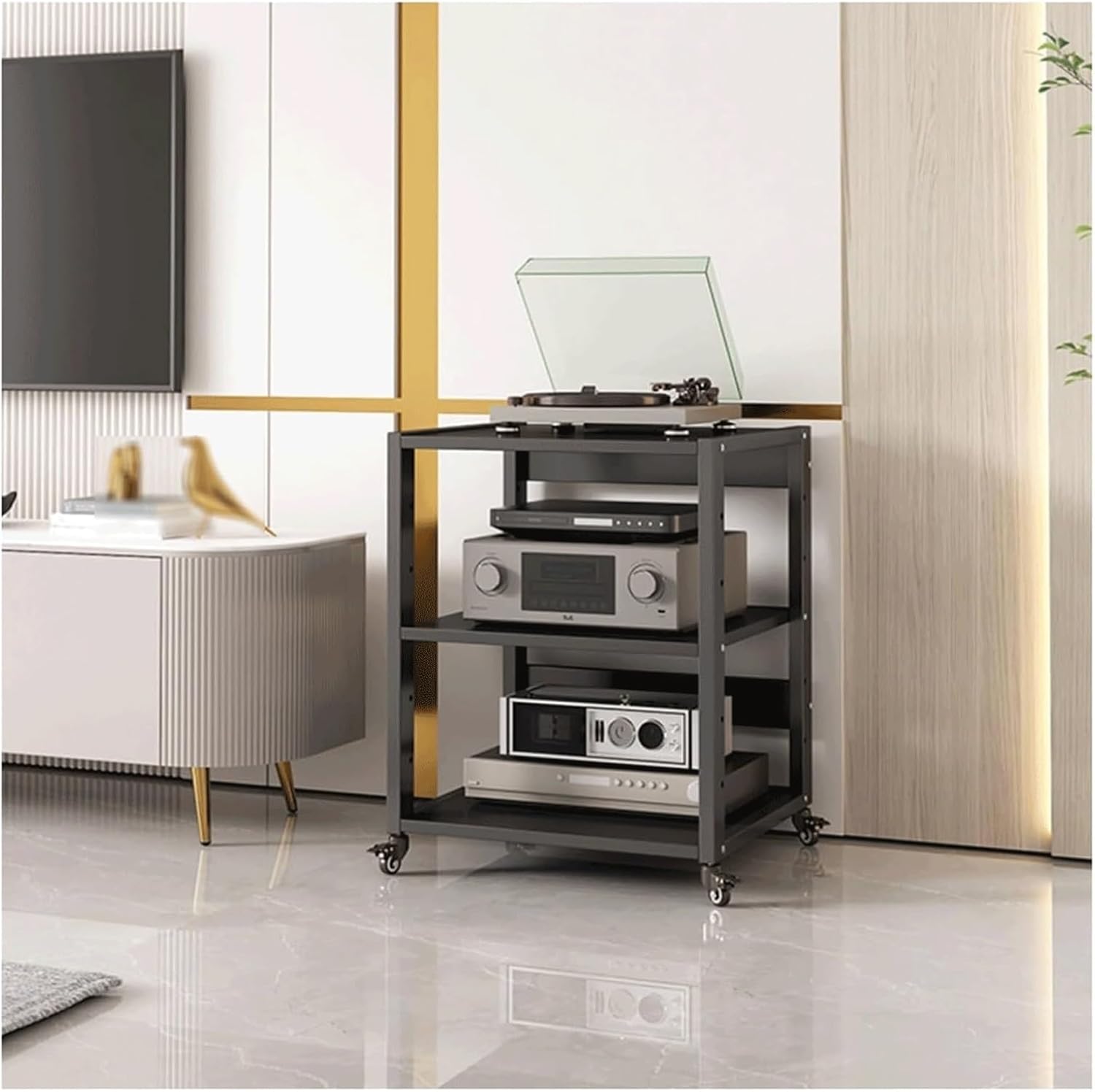 PZEOB Audio Rack Cabinet Av Media Stand with Wheels Adjustable Audio-Video Shelving Modern Stereo Cabinet Space-Saving Stereo Stands(3 Tier(69.5cm))