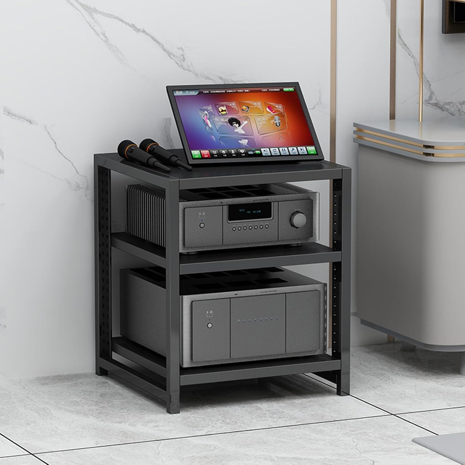 3/4/5/6 Tier Furniture Media Stand Audio Rack DVD CD Player Stand Power Amplifier Equipment Cabinet with Height Adjustable Wooden Shelf