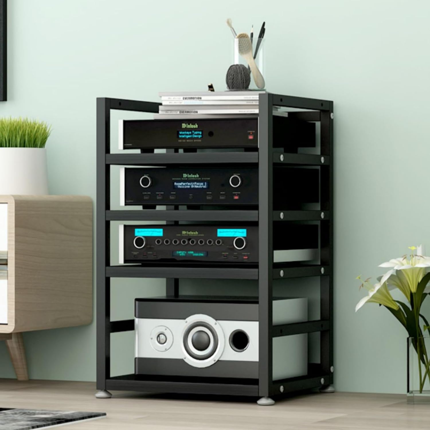 YLQFGUVWK 4 Layer Removable Media Stand Audio/Video Stand CD Player Stand Stereo Component Storage Cabinet Height Adjustable for Home/Office/Theater(Black)