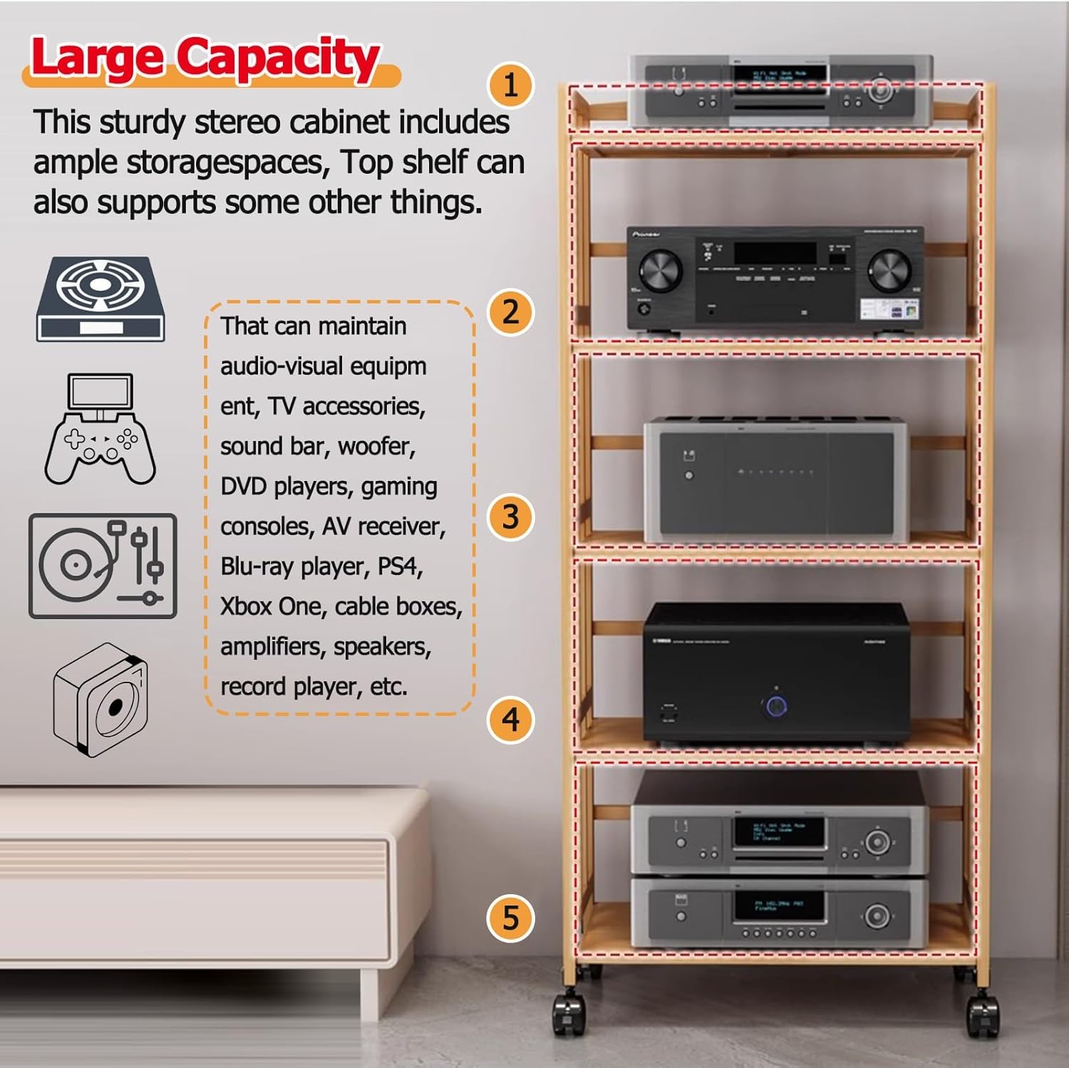 YXXSDP Mobile Bamboo Audio Rack Cabinet Stereo Component Stand on Wheels