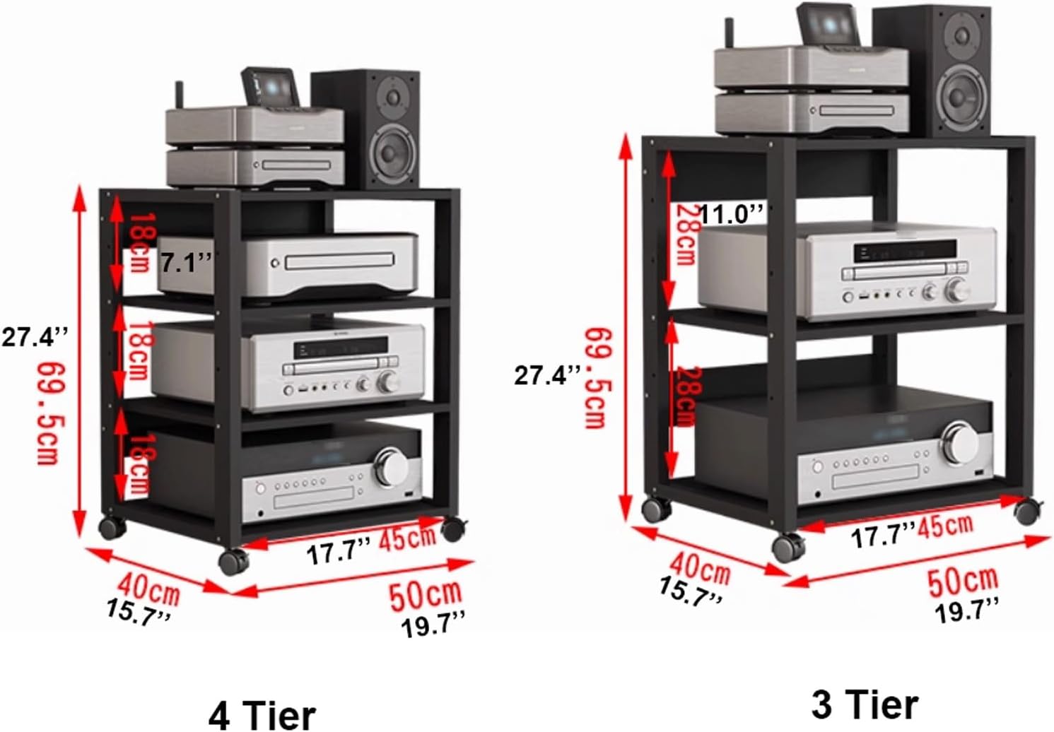 XMFBSY Medios AV Media Stand with Wheels Mobile Rack Audio Tower with Height Adjustable Shelves Wooden Stereo Rack Audio-Visual Shelving for Record Player Organizer(Black