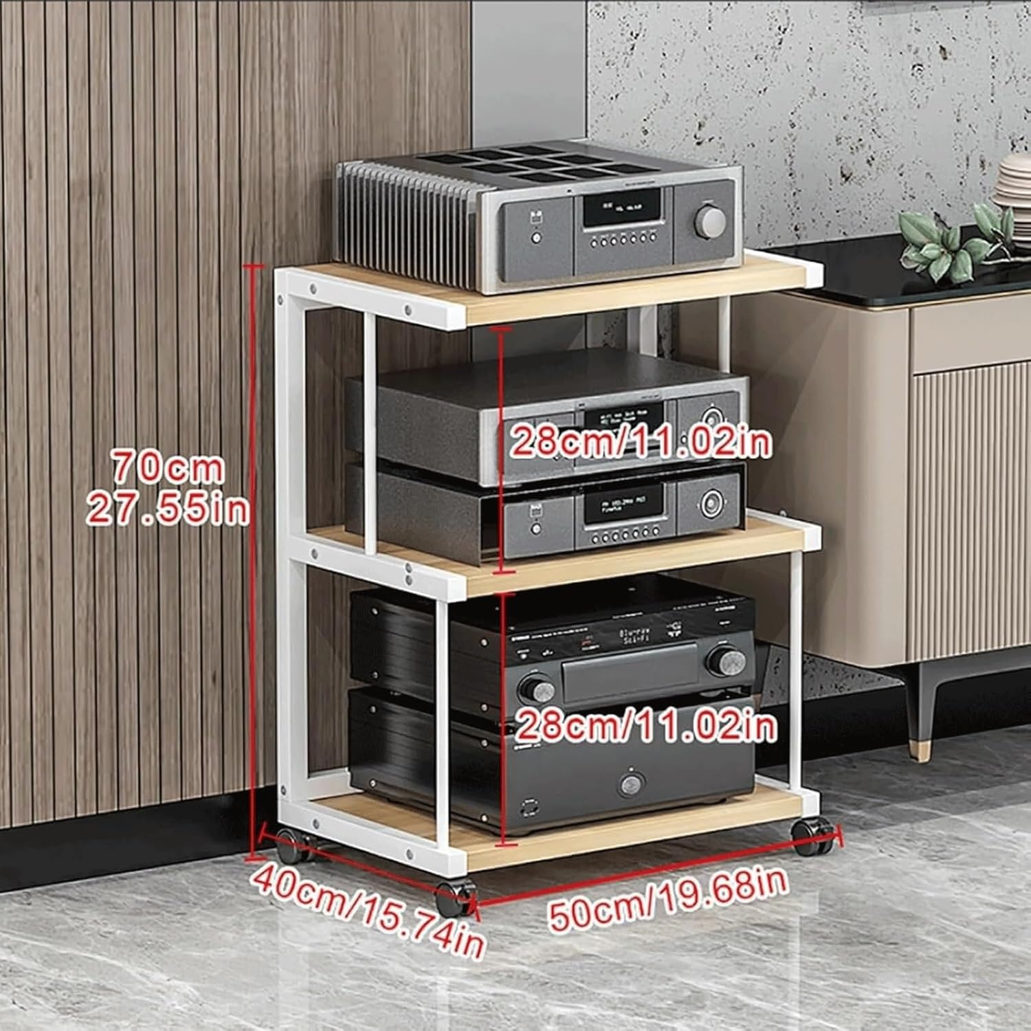 PZEOB AV Media Stand 3/4 Tier Audio Tower Rack with Wheels Audio-Video Shelving Wooden Media Storage Shelves Stereo Stand Stereo Rack(White