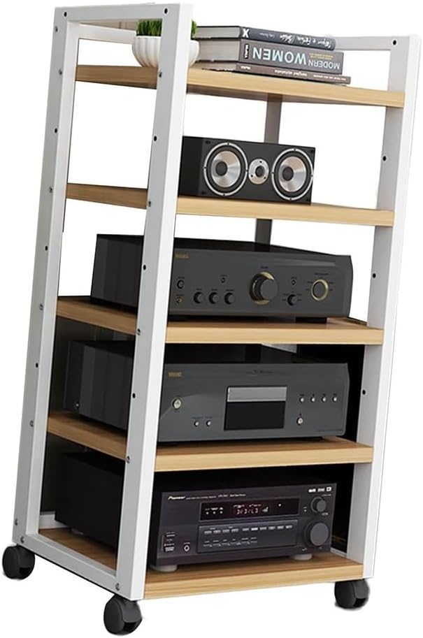 KGPGNYMYHA 5-Tier Corner Storage Rack Wooden AV Media Stand Movable Media Shelf Home Theater Stereo Rack Audio/Video Component Cabinet Multi-Function Shelf(White)