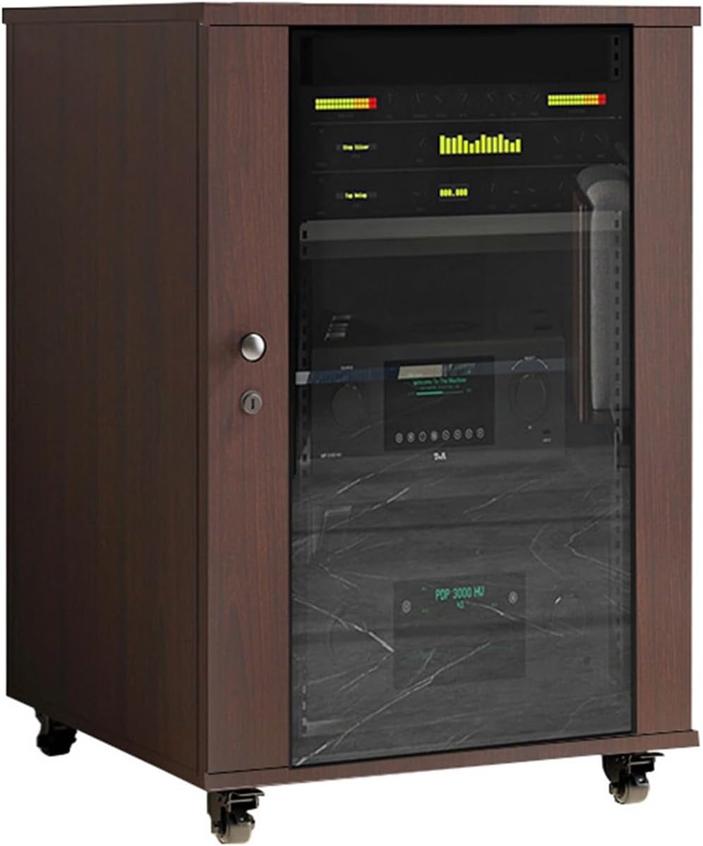 3-tier Movable Audio Video Media Stand Cabine with Wheels Modern WiFi Router Storage Box Cabinet AV Stereo Cabinet with Glass Door Portable Media Player Stand(Brown