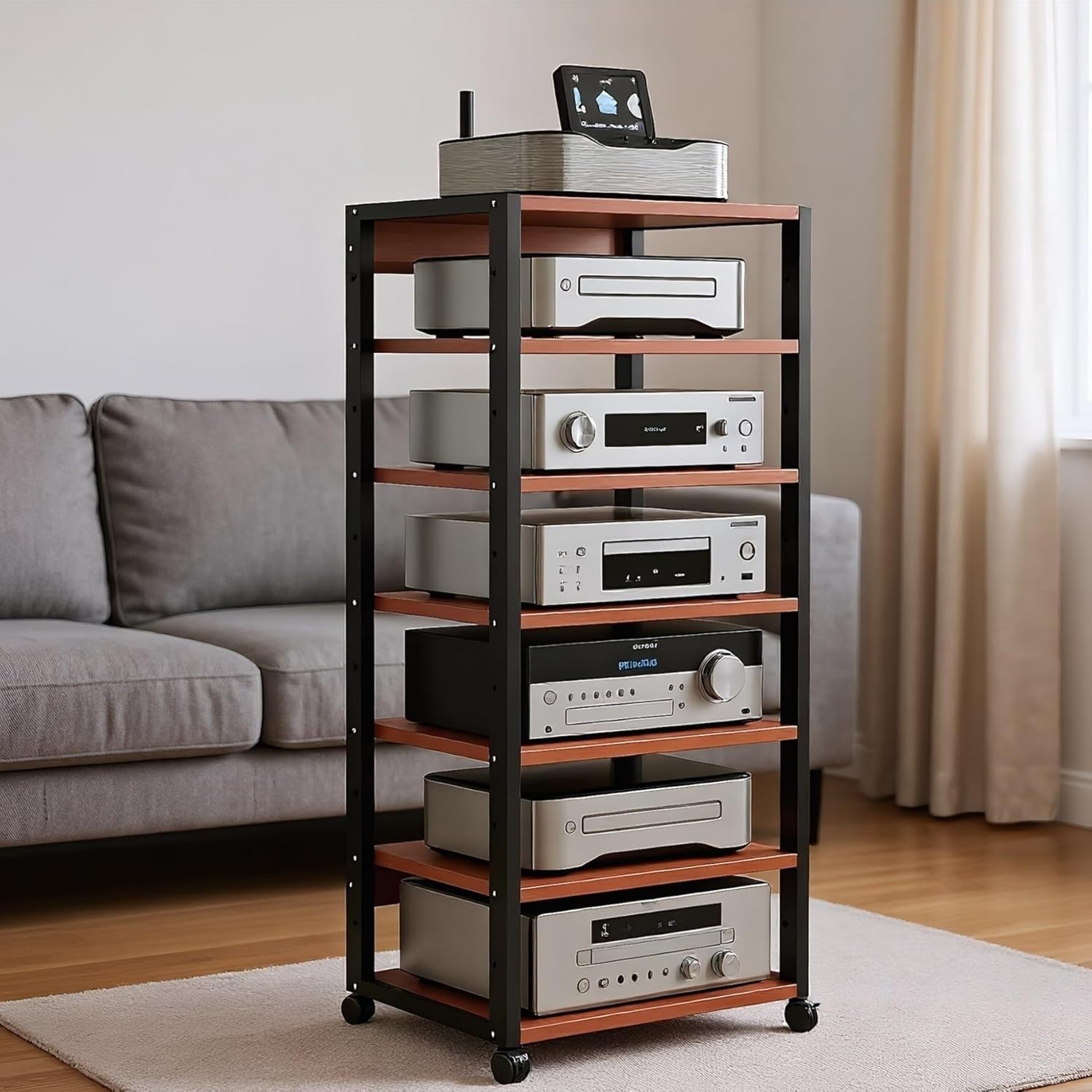 HiFi Racks and Stands Audio Rack Cabinet AV Shelf TV Table 7 Tiers Shelves for Record Player DVD Stand Audio Entertainment Unit Media Cabinet(Brown)