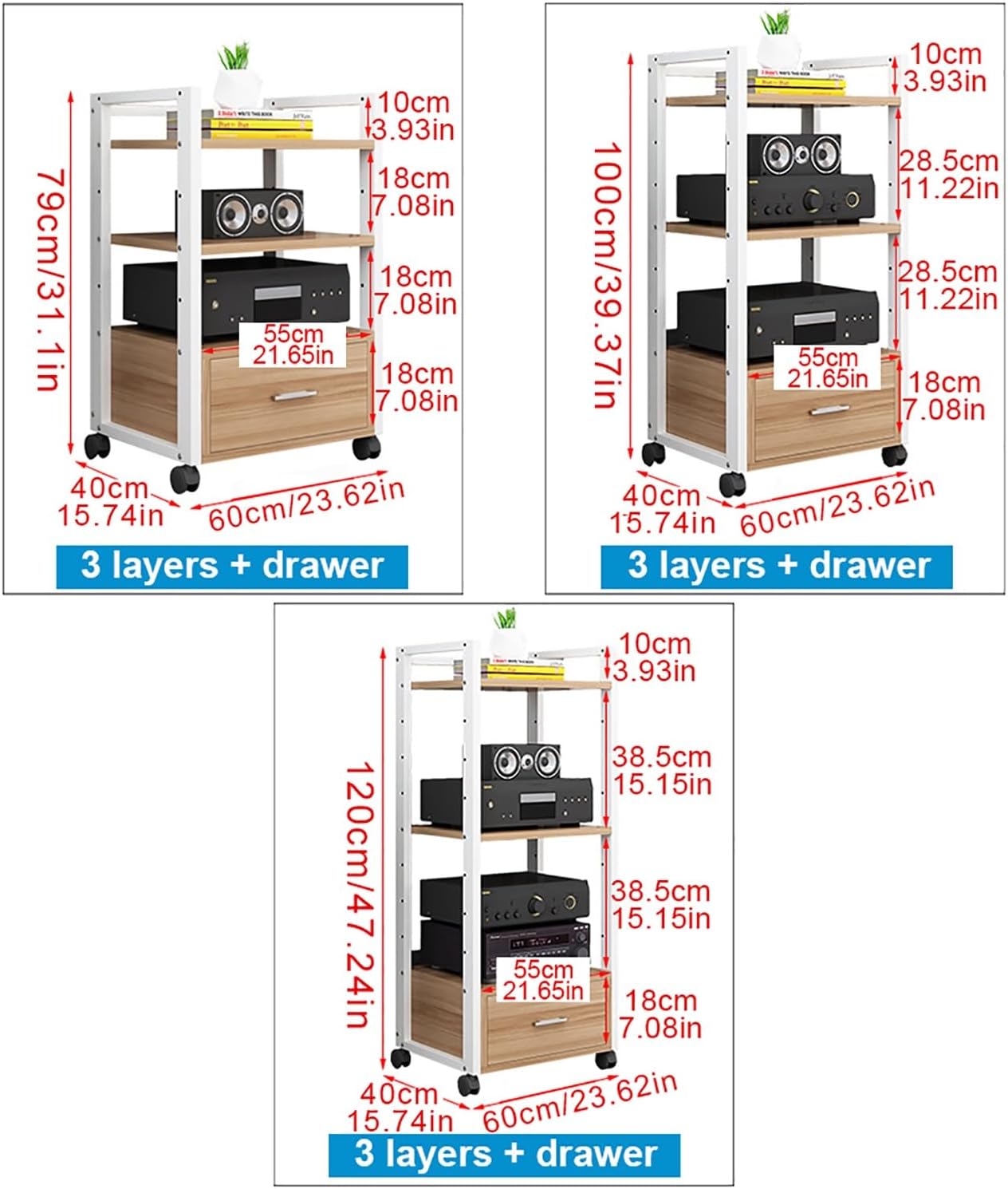 Media Stand with Drawers AV Media Stand Corner Shelf with Universal Wheels 3/4/5 Tier Floor-Standing Audio Rack Stereo Audio Rack Stand Tower for Meeting Livingroom Recording Room.(Black