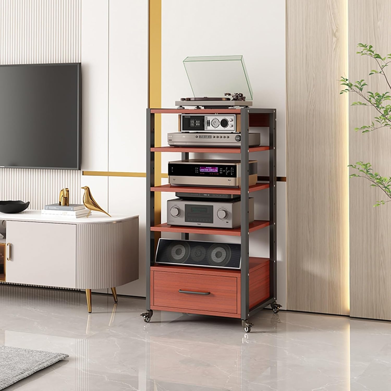 AErosx Movable AV Media Stand CD Player Stand with Drawer Stereo Component Cabinet Media Center Audio Tower Media Storage Rack with Height Adjustable Wood Shelf for Home/Office/Theater (Color : A)