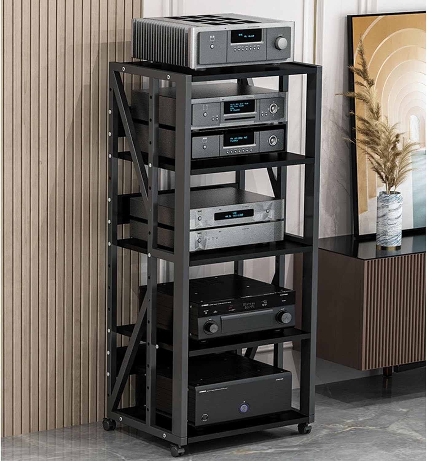 Modern AV Cabinet 5-Tier Movable Media Stand Audio/Video Component Cabinet Stereo Rack CD Player Stand with Adjustable Wooden Shelf for Home/Office/Theater(Color:Black)