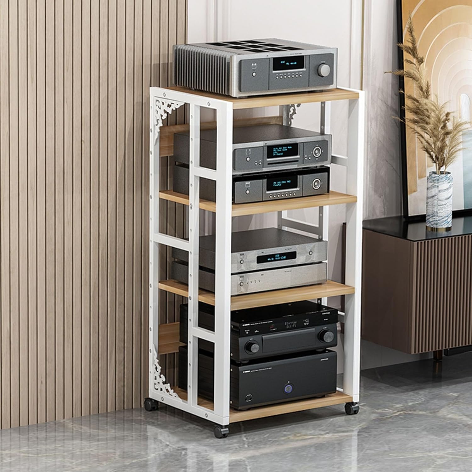 Black/White Multifunction 3/4/5 Tier Movable Storage Cart DVD CD Player Stand Amplifier Rack Audio Video Component Media Stand with Wooden Board Shelves for Home/Office/Theater ( Color : White