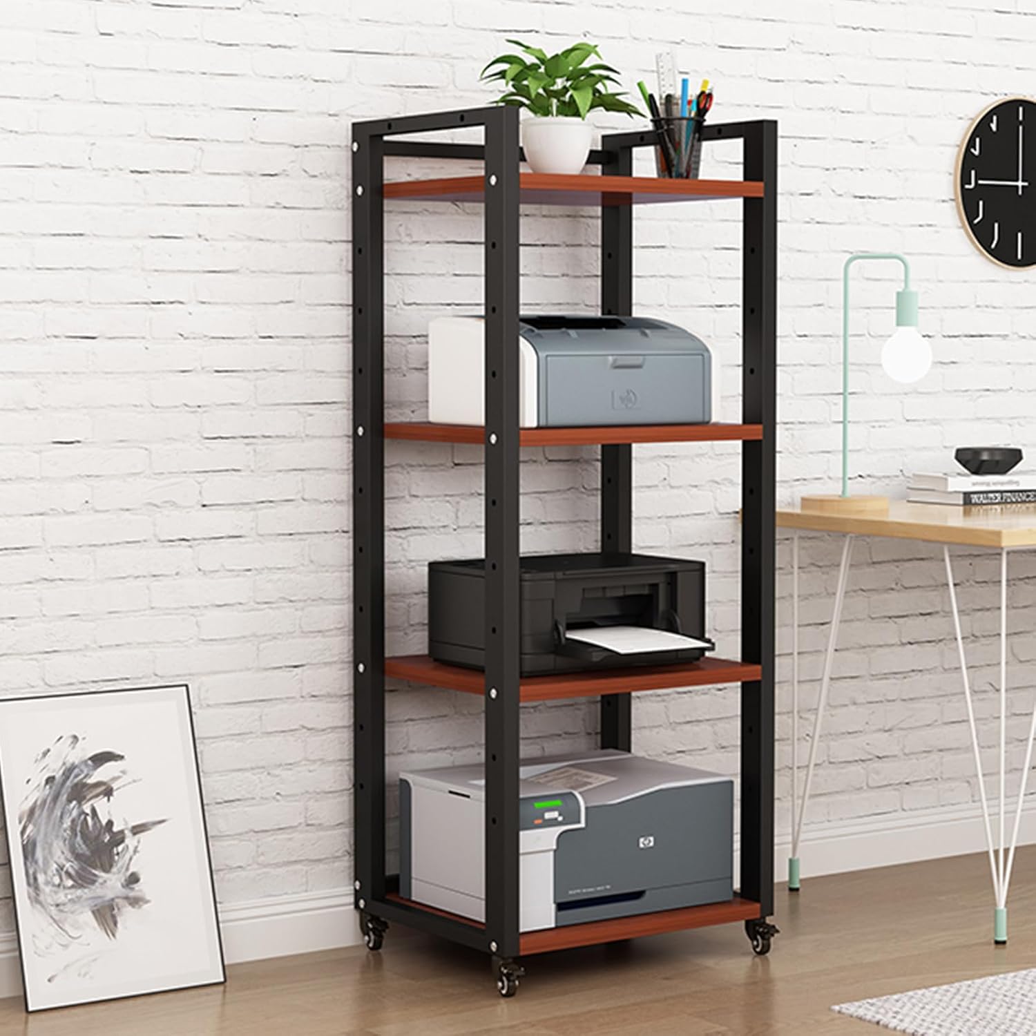 JIXDILO 4-Tier AV Media Stand with Wheels Adjustable Height Wooden Shelves Stereo Component Cabinet Storage Rack Audio Rack Tower for DVD Players Game Console TV Box(5-Tier