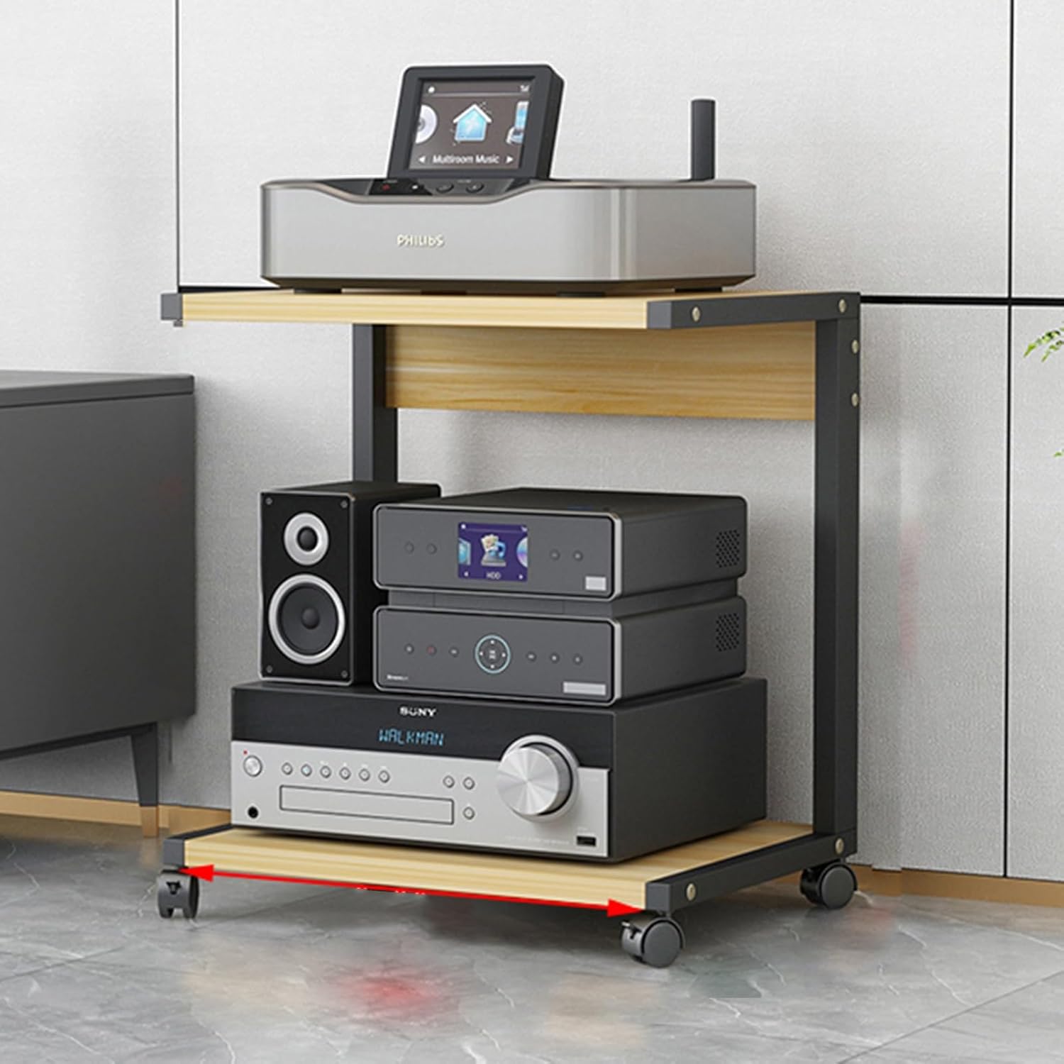 Modern with Wheels Audio-Video Media Stand 2-Tier AV Media Stand Corner Shelf Media Console Cabinet with Height Adjustable Wooden Shelves Stereo Racks and Stands with Storage Shelves(Black+wood