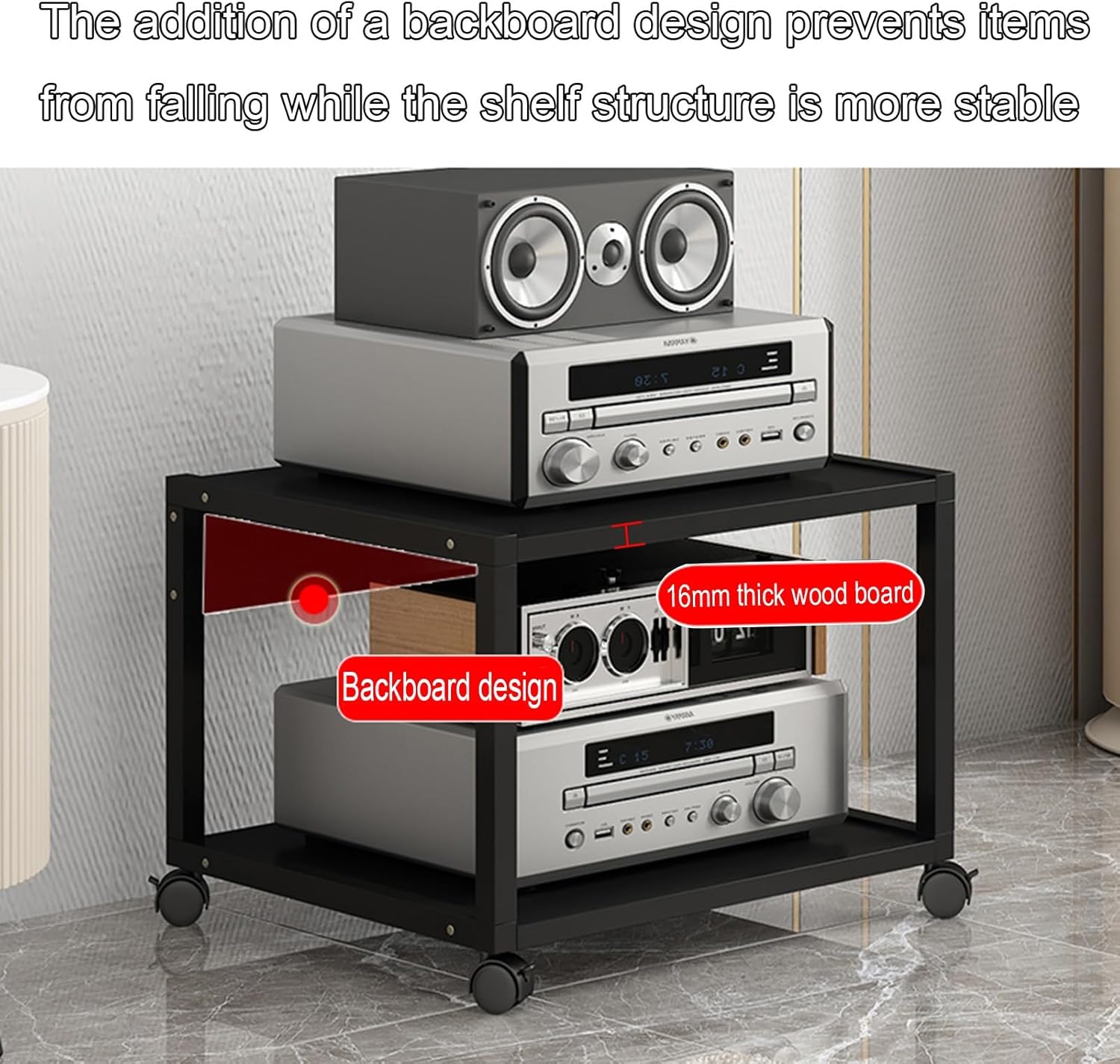 2 Tier Movable AV Media Stand Amplifier Rack CD Player Stand Corner Audio Tower Stereo Component Cabinet with Storage Wooden Shelves and Steel Frame for Home Office Theat