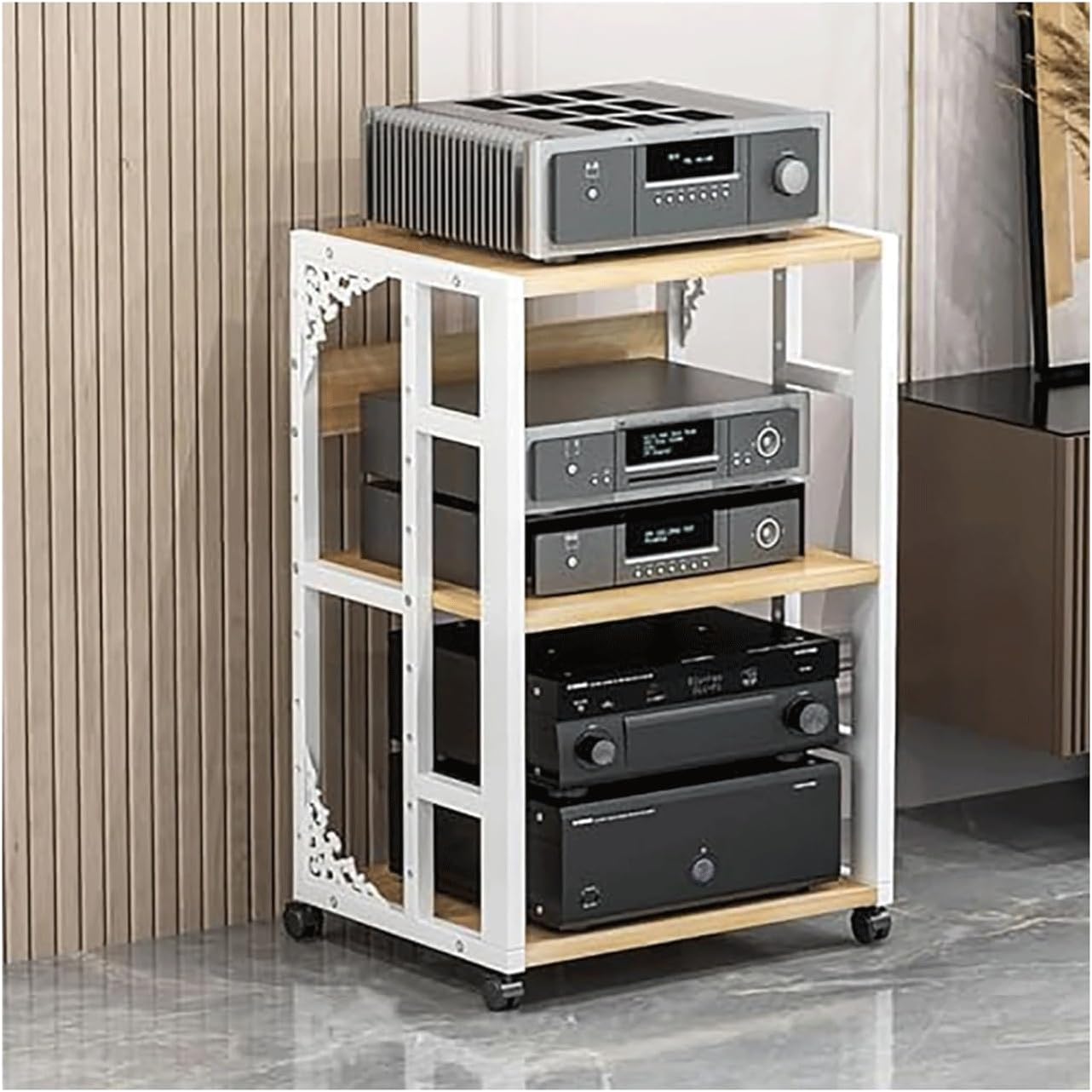 XMFBSY Medios 3/4/5 Tier AV Media Stand with Wheels Media Console HiFi Cabinet with Adjustable Shelves Modern CD Record Player Stereo Component Rack for Home Office Theater Organizer(White