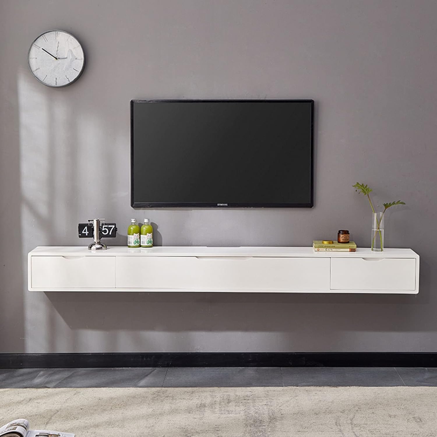 UYCVT White Floating Tv Stand with 2 Drawers Solid Wood Wall Mounted Entertainment Center for Tv Screen Under 55.1 Inch Tv Cabinet Media Console Table Wall Mounted Tv Unit-White-140Cm