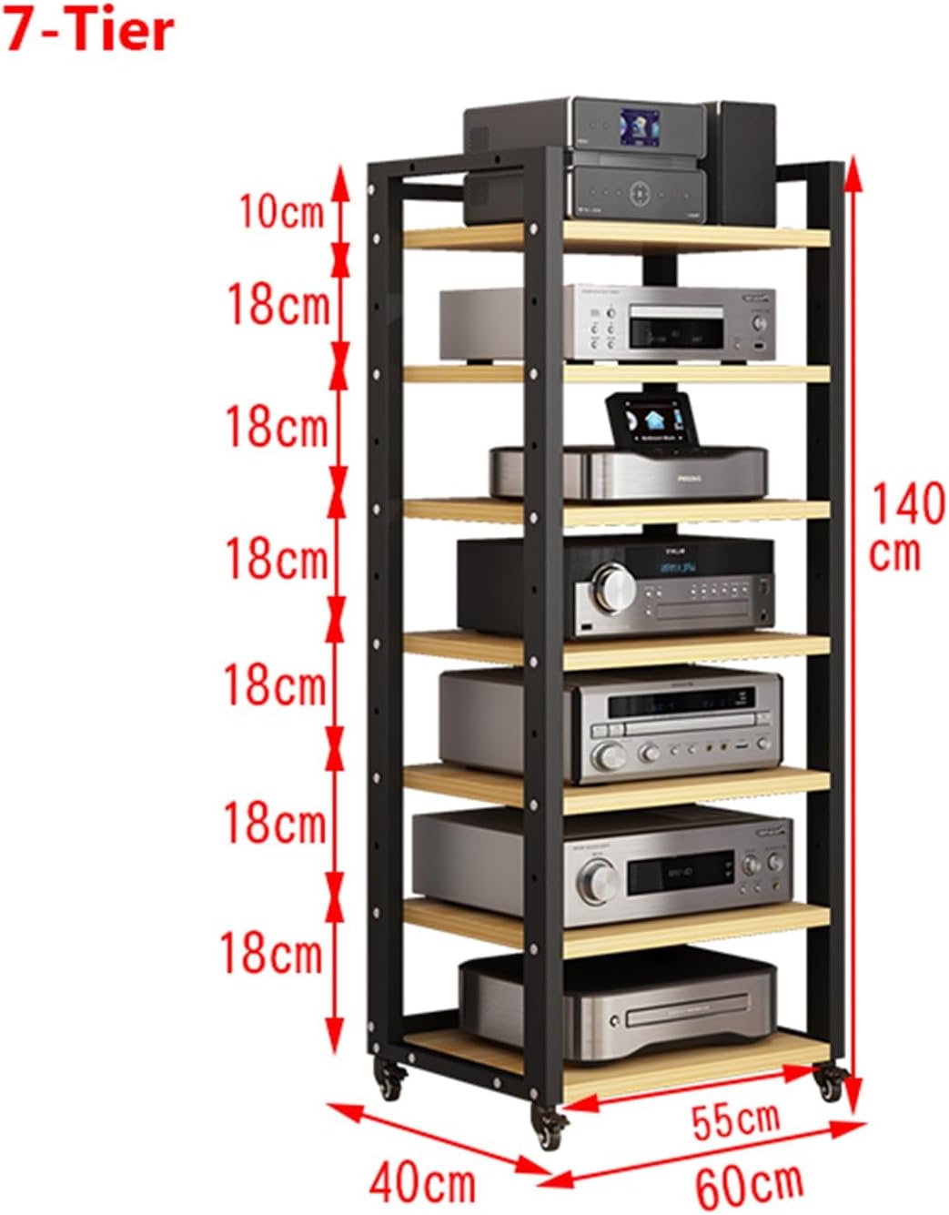 5/6/7-Tier AV Media Stand Audio Rack CD Player Stand Entertainment Stereo Components Storage Cabinet with Height Adjustable Wooden Shelf for Home/Office/Theater