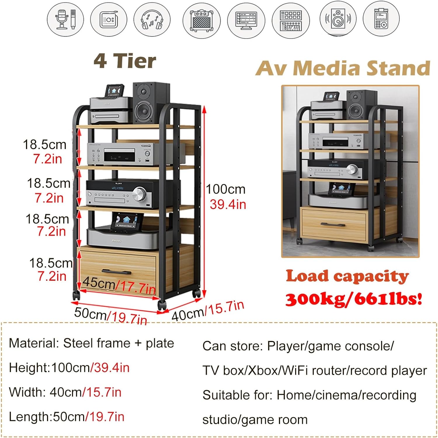 WLCGYD Home HiFi Audio Rack Cabinet 100cm High Large Capacity Audio-Video Media Stand for Amplifier/Record Player/Stereo Receiver - Corner Entertainment Center