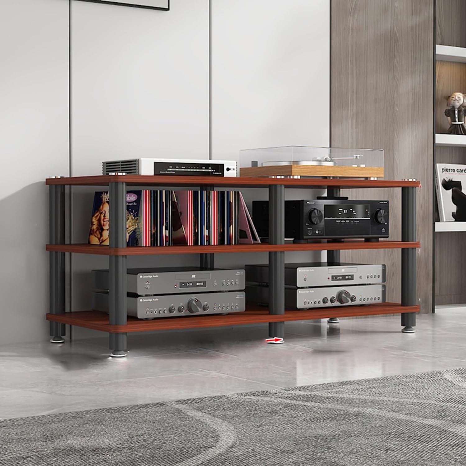 4-Tier AV Media Stand Corner Shelf Design AV Media Stand Stereo Audio Rack Stand Tower Storage for Entertainment Stereo Component Entertainment Video Game Console Cabinet Shelf(Teak