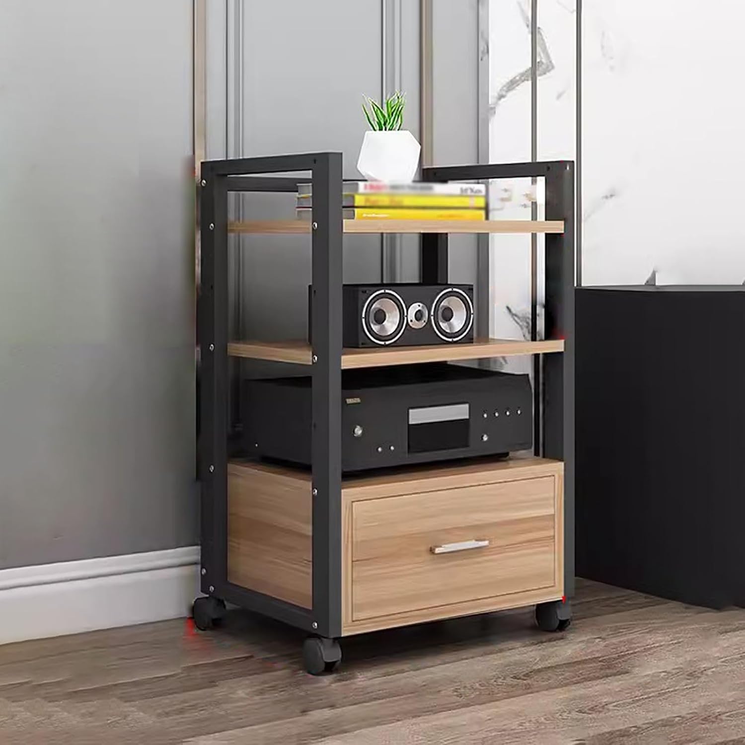 YLLFFLL AV Media Stand Corner Shelf - Rack Audio Tower with Adjustable Shelves - 79 100 120cm Tall Shelf Stand with Wheels - Audio Equipment Rolling Cart Rack Portable for Home(3 Tiers-79cm Tall)