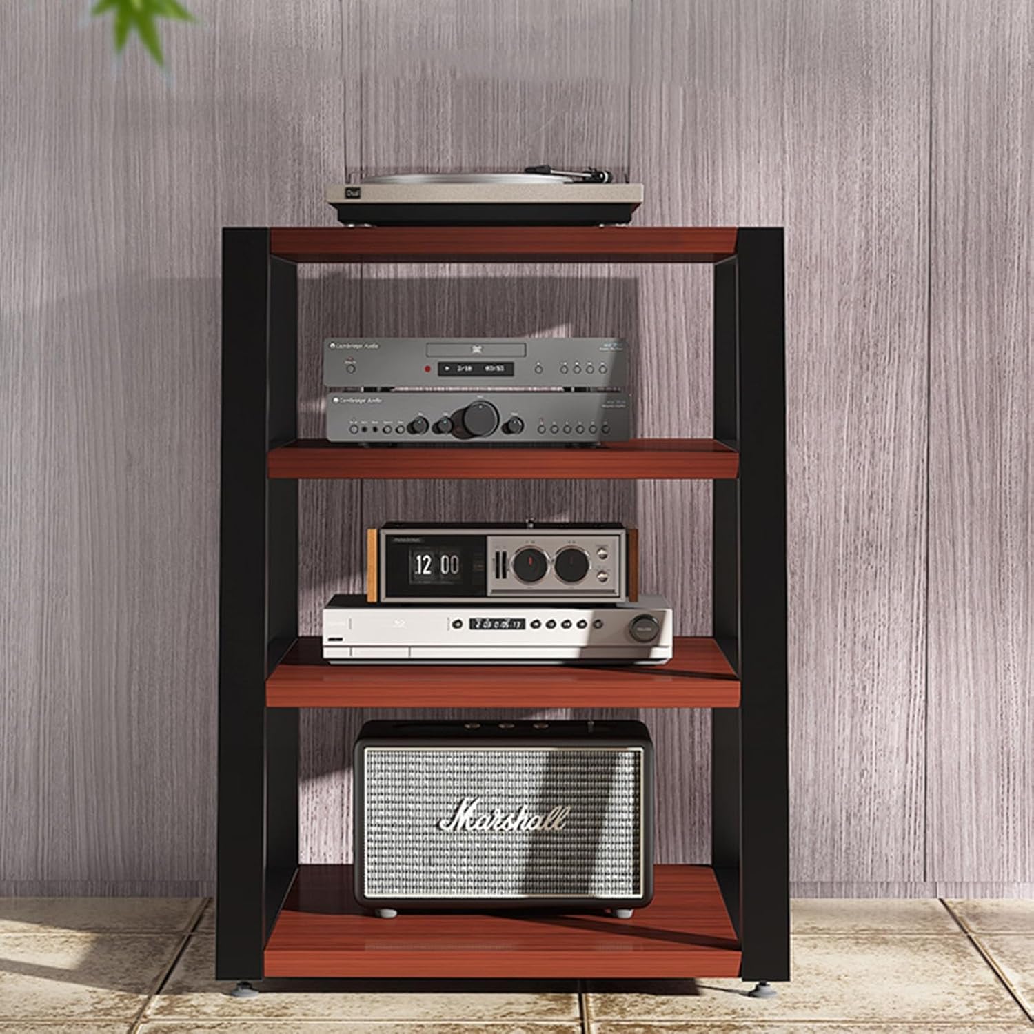 Media Stand 4-Tier AV Media Stand Home Office Theater Corner Shelf for Record Player Wooden Shelves Stereo Component Cabinet Audio Rack Tower