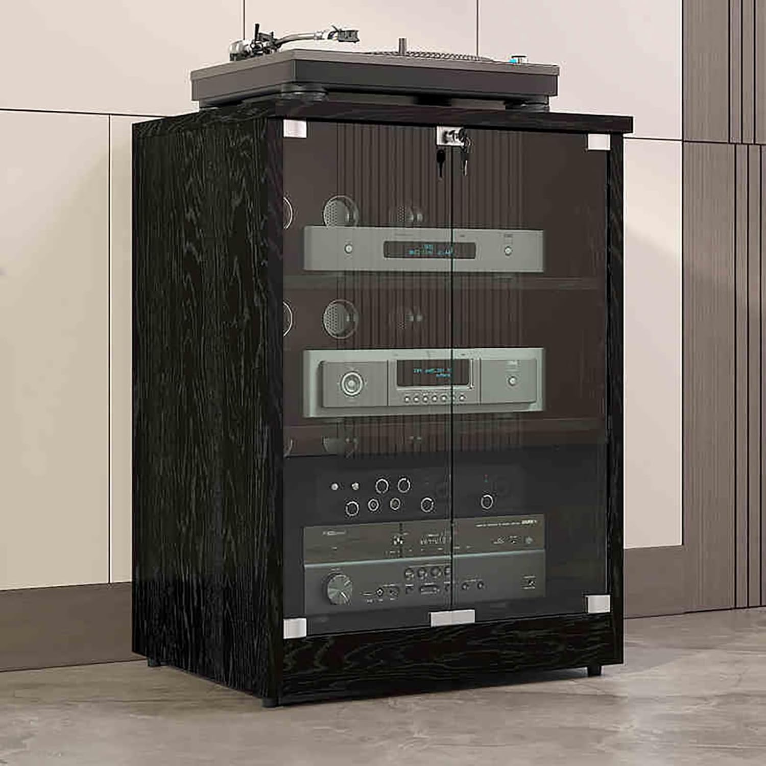 ZIHESY Media Cabinet AV Media Stand Stereo Cabinet with Adjustable Shelves Tempered Glass Doors and Cable Management