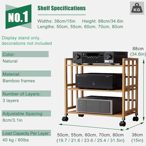 UYCVT Adjustable Height HiFi Audio Stand 2-5 Tier Media Shelf for Tv Players & Cable Boxes Black Metal & Wood Stereo Cabinet Record Storage Organizer 102X38X159Cm-L*w*h-55 * 38 * 88Cm