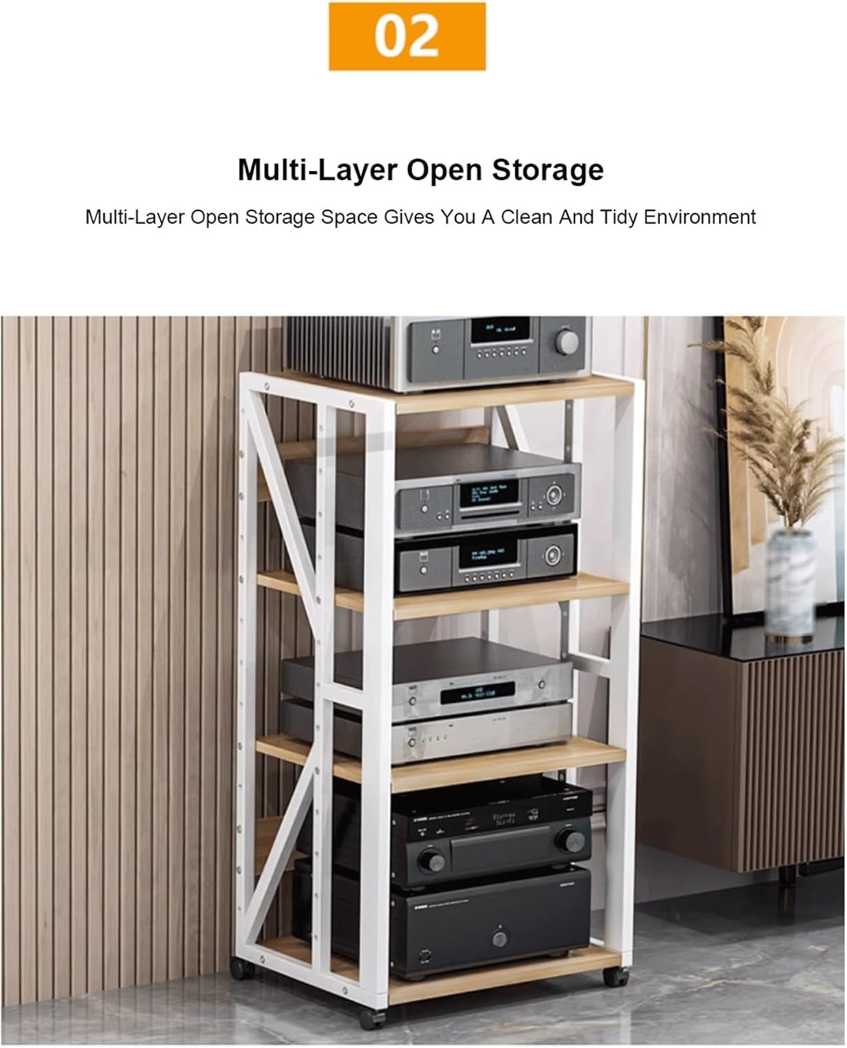 XMFBSY Medios 3/4/5 Tier AV Media Stand with Wheels Media Console HiFi Cabinet with Adjustable Shelves Modern CD Record Player Stereo Component Rack for Home Office Theater Organizer(White