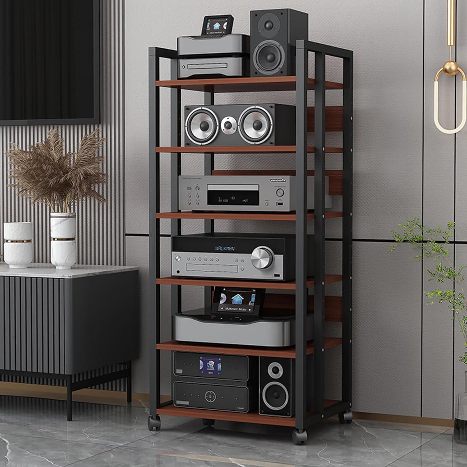 5/6-Tier Movable AV Media Cabinet Stand Stereo Rack CD Player Stand Audio Tower Component Cabinet with Height Adjustable Wooden Shelf for Home/Office/Theater