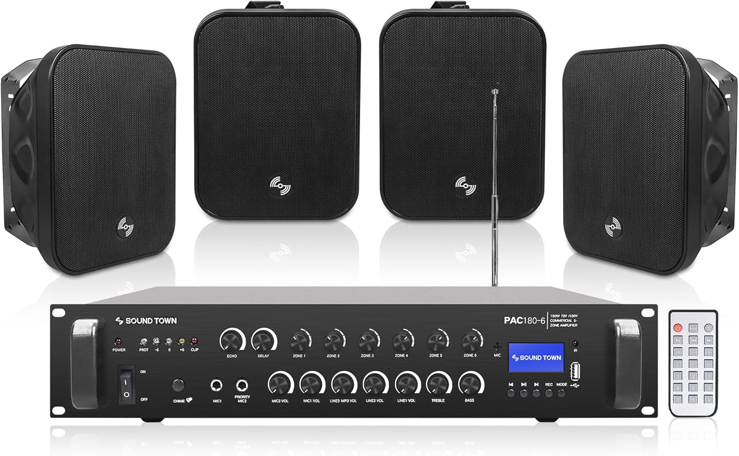 Sound Town Commercial Restaurant Bluetooth Amplifier + Surface-Mount Speaker Set